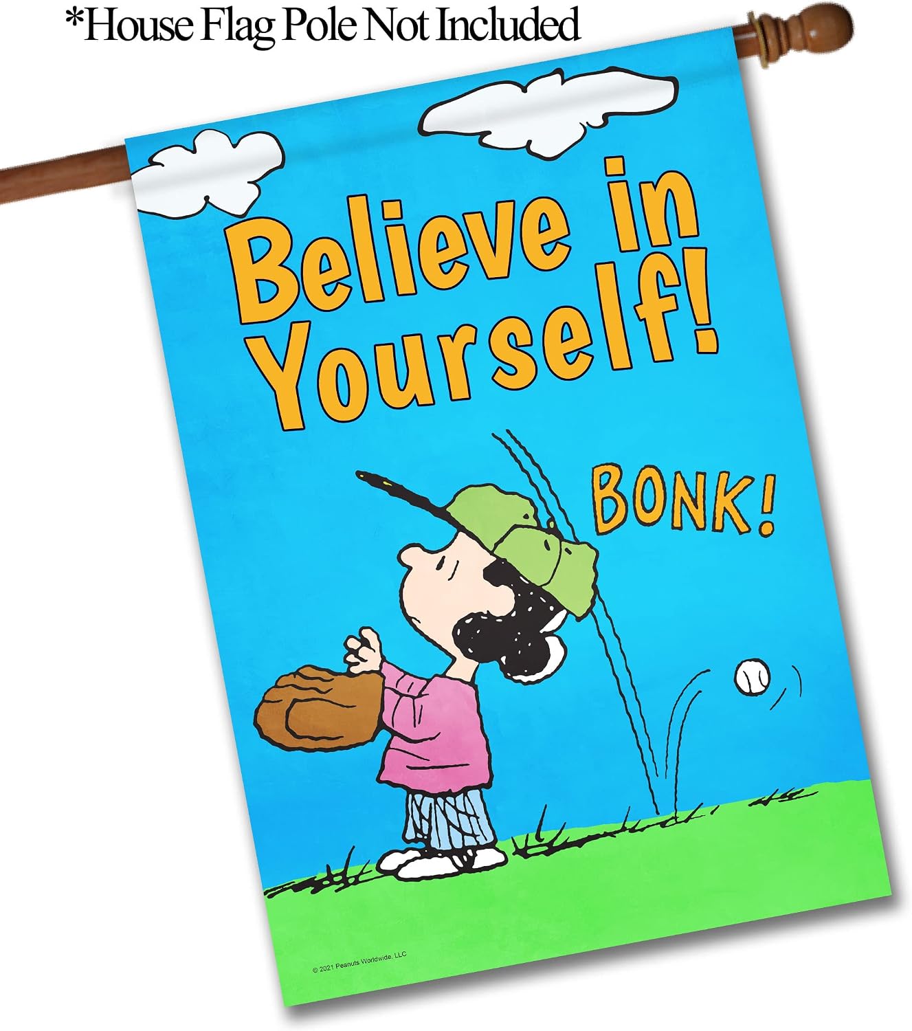 Flagology.com, PEANUTS®, PEANUTS® Believe in Yourself Lucy – House Flag 28" x 40", Outdoor Flag, Exclusive Premium Fabric, Officially Licensed PEANUTS®, Inspirational