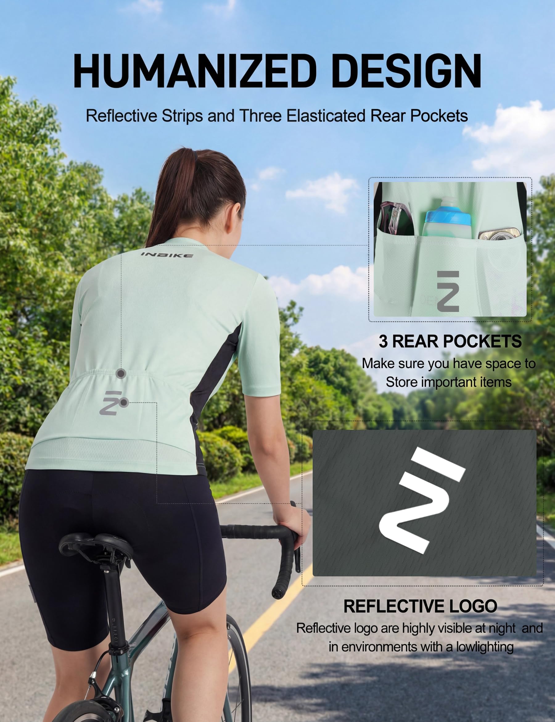 INBIKE Fahrradtrikot Set Damen Bib Shorts Gepolstert + Fahrradtrikot mit 3 Taschen Kurzarm Sommer Atmungsaktiv Schnelltrocknend Weich Hautfreundlich DM