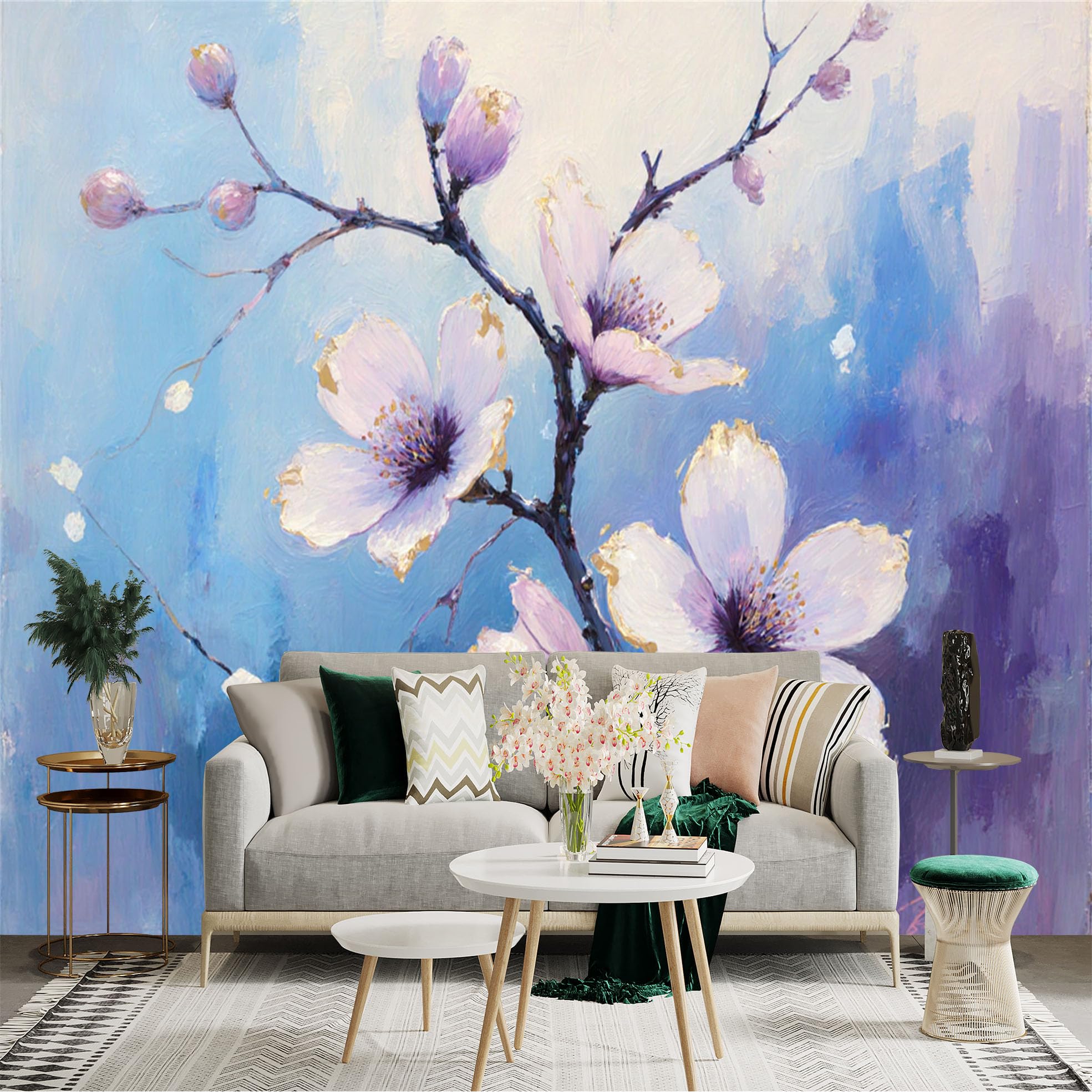 Custom Size Wall Sticker Mural， Impressionist Oil Painting of Blossoming Flowers， Soft Purple and Blue Botanical Art， for wall Decoration， peelandstick wall Decals.