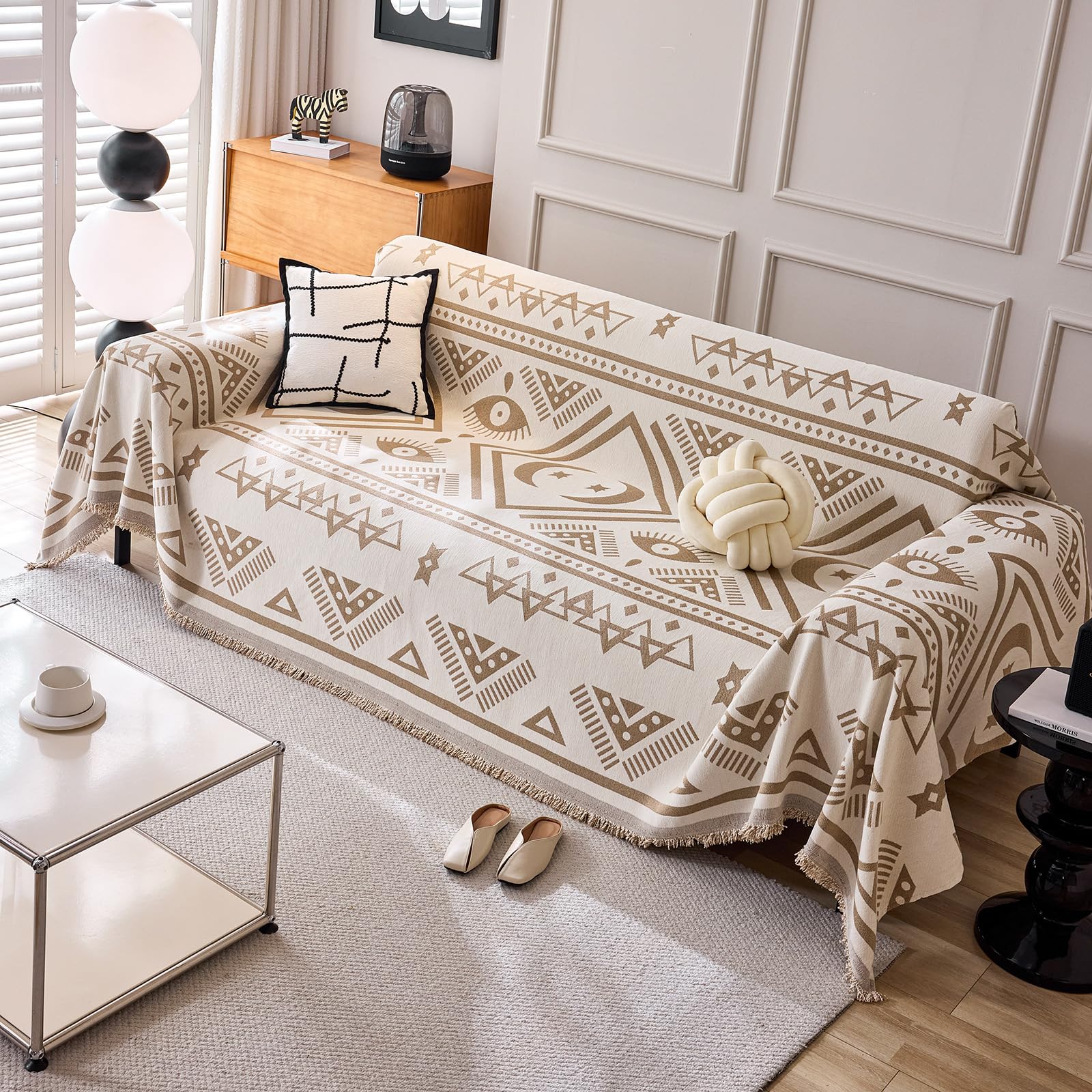 DREAMINGO Reversible Chenille Sofa Covers Geometric Jacquard Boho Couch Cover for 3 Cushion Couch Sofa Pet Friendly Beige Khaki Sofa Slipcovers for Sectional Couch Chic Furniture Protector 71"x134" — image 1
