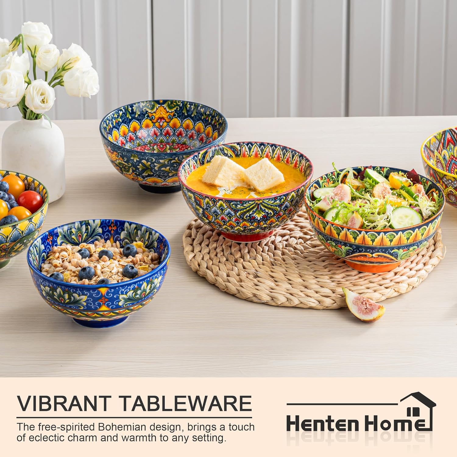 Henten Home Ceramic Soup Bowls Set of 6, Bohemia 22 oz Cereal Bowls Set, Porcelain Serving Bowls for Oatmeal, Salad, Pasta, Fruit, Decorative, Microwave & Dishwasher Safe