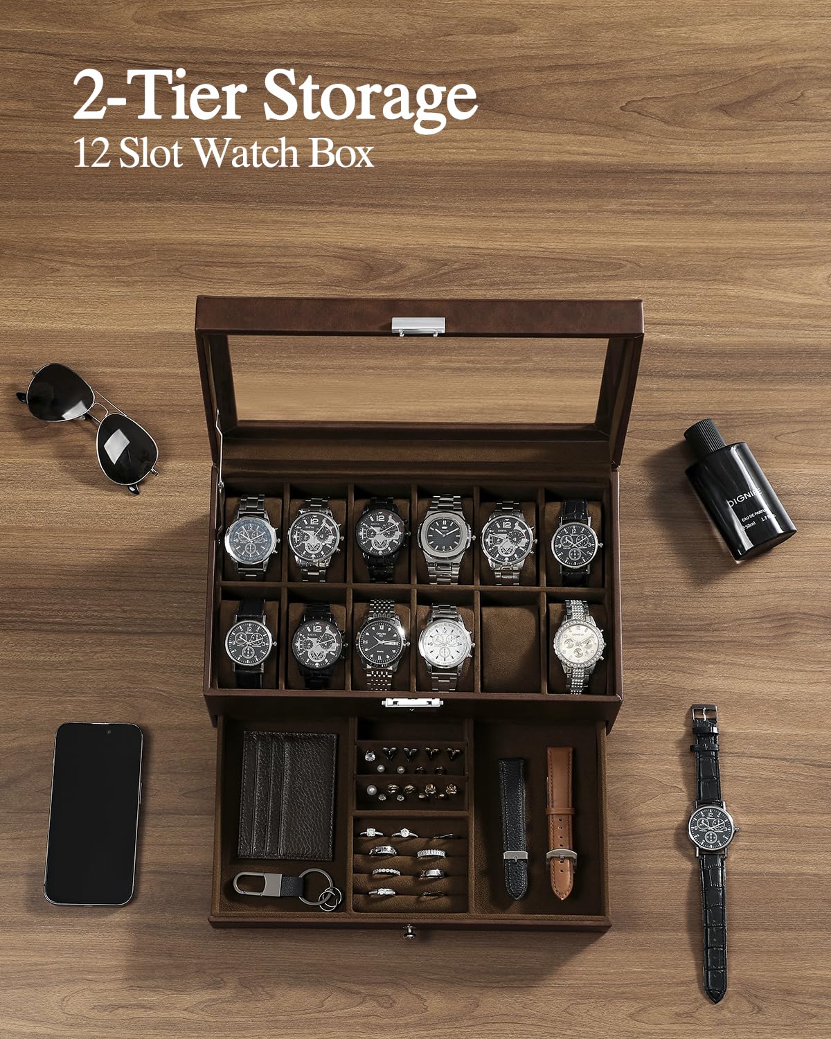 Coffret à montres, cadeau pour homme, étui à montres 12 emplacements avec couvercle en verre, double boîte de rangement verrouillable avec 1 tiroir pour bagues et boucles d'oreilles, cuir synthétiqu