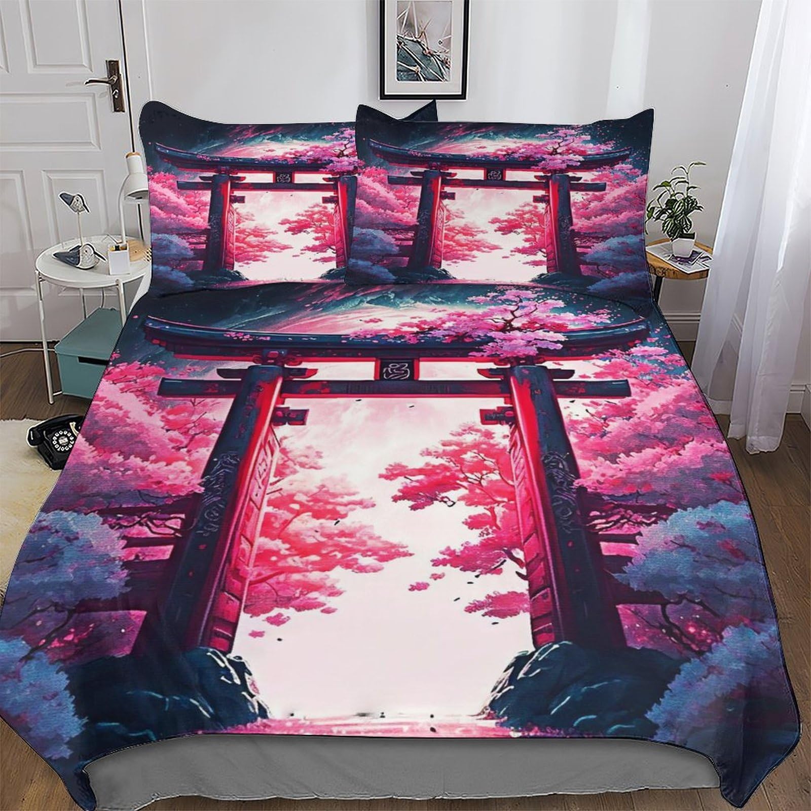 LLLBBB Cherry Blossoms Gate Quilt Cover Super-Soft Bedding Set Comfortable Printed Duvet Cover Sets with Pillowcases for Adults Kids Double (200x200cm)