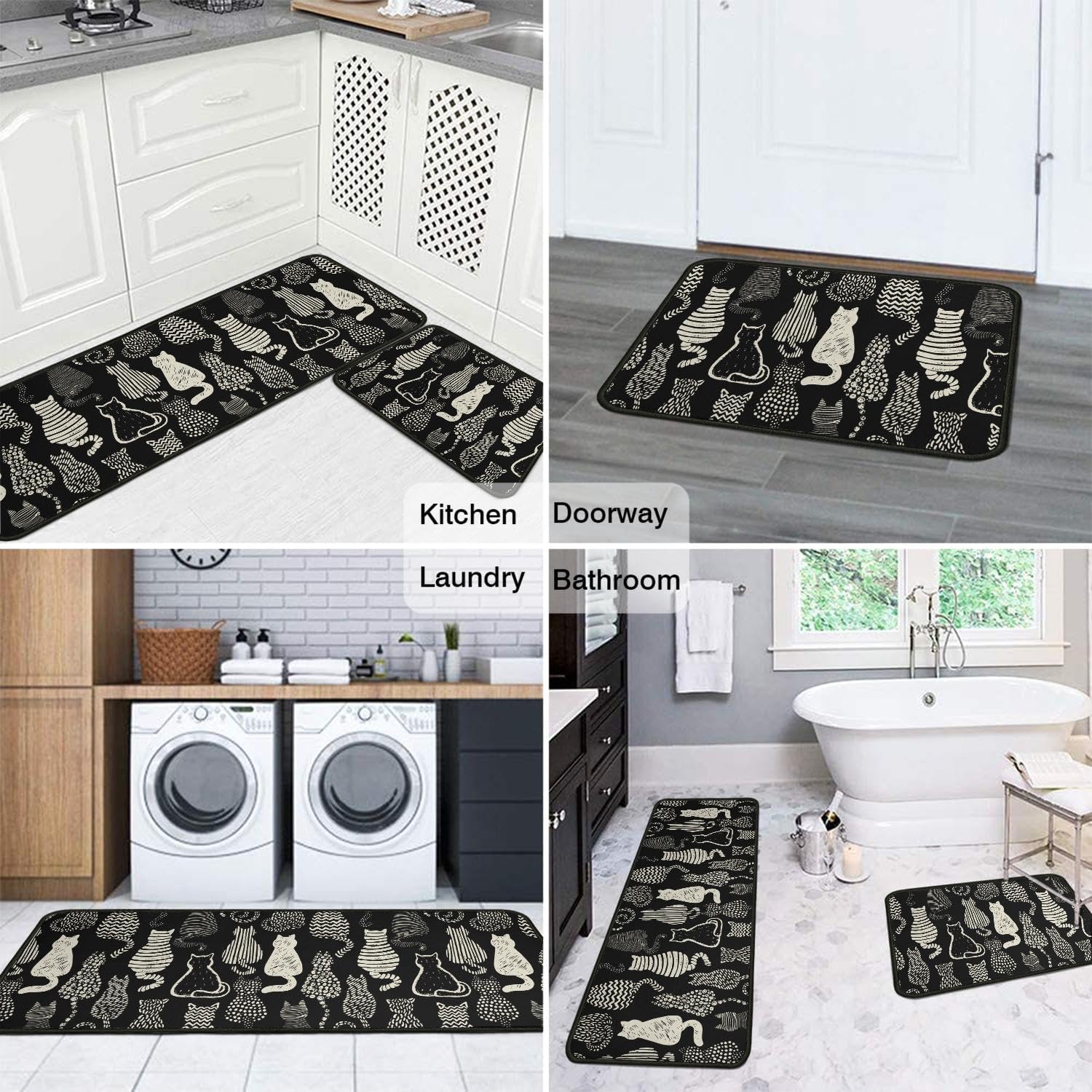 Cute Black Cat Kitchen Mats Set of 2, Non-Slip Washable Cat Kitchen Mats, Funny Black Cat Rugs for Kitchen, Sink, Laundry Room, Bathroom, Home Decoration, Gift for Cat Lovers, 17x30+17x47In