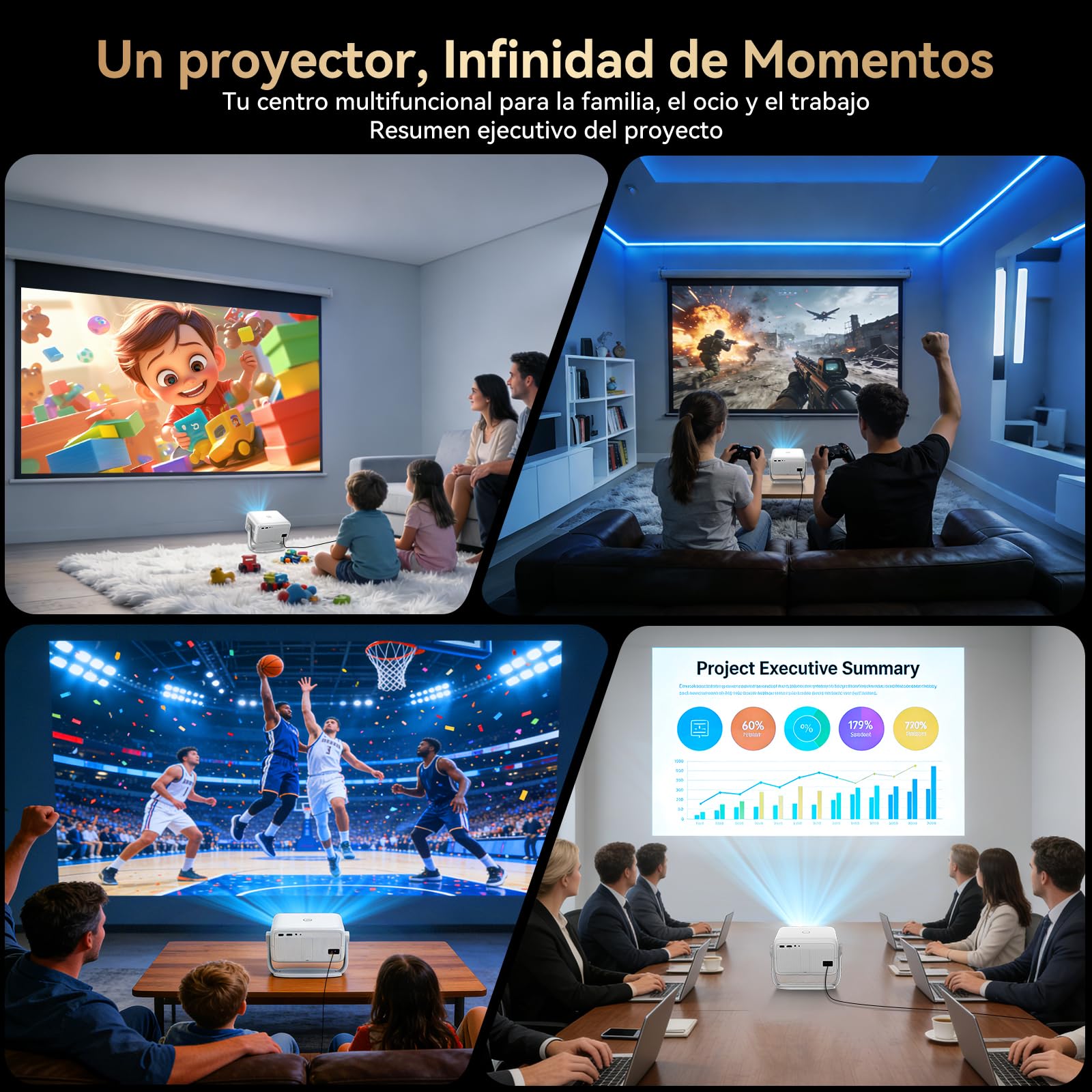 Proyector Portatil 4K con Compatible Netflix y Soporte de 360°, Enfoque y Corrección Trapezoidal Automática, WiFi 6 Ultra Rápido, Bluetooth, Cine en Casa para Smartphone/PS5/Laptop