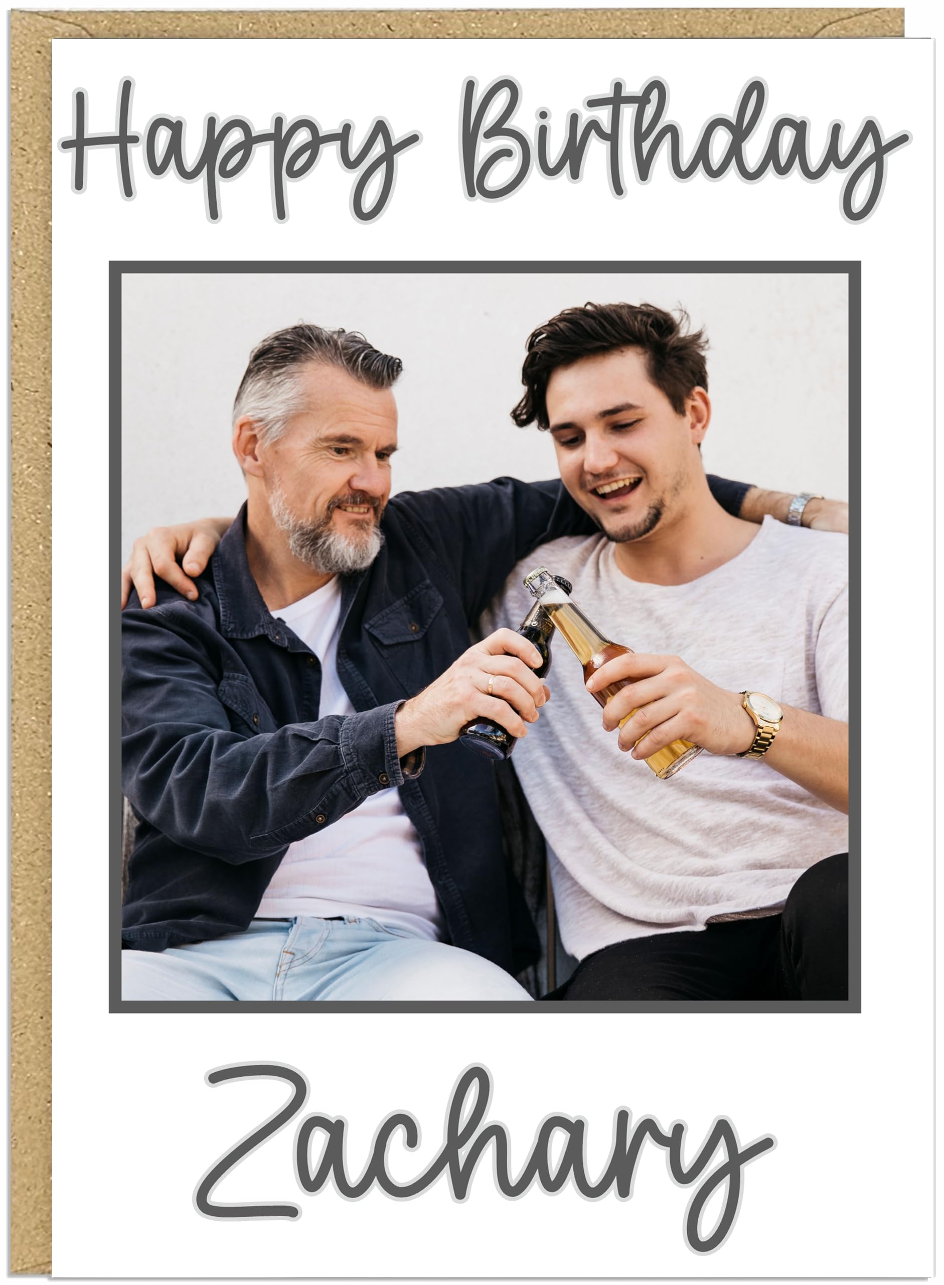 Custom Own Photo & Own Name Personalised Happy Birthday Card - Uncle Daddy Husband Grandad Son Designs - 7 Text Colour Options Brown Dark Grey Green Red Black Blue (Dark grey)