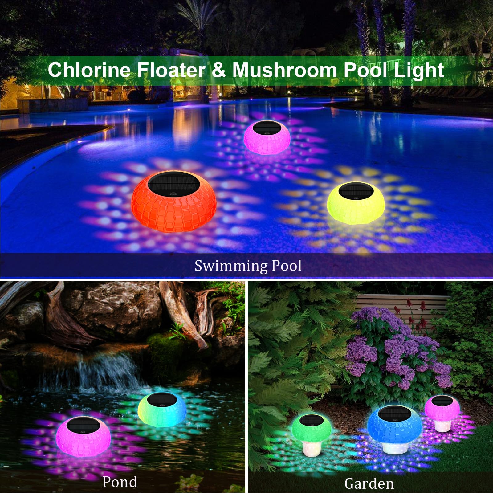 Distributeur de Chlore Flottant avec Lumière Solaire LED, Diffuseur Chlore Piscine avec Contrôle par Bouton Flotteur, Télécommande, Libération Réglable & Ouverture，Flotteur Piscine Chlore