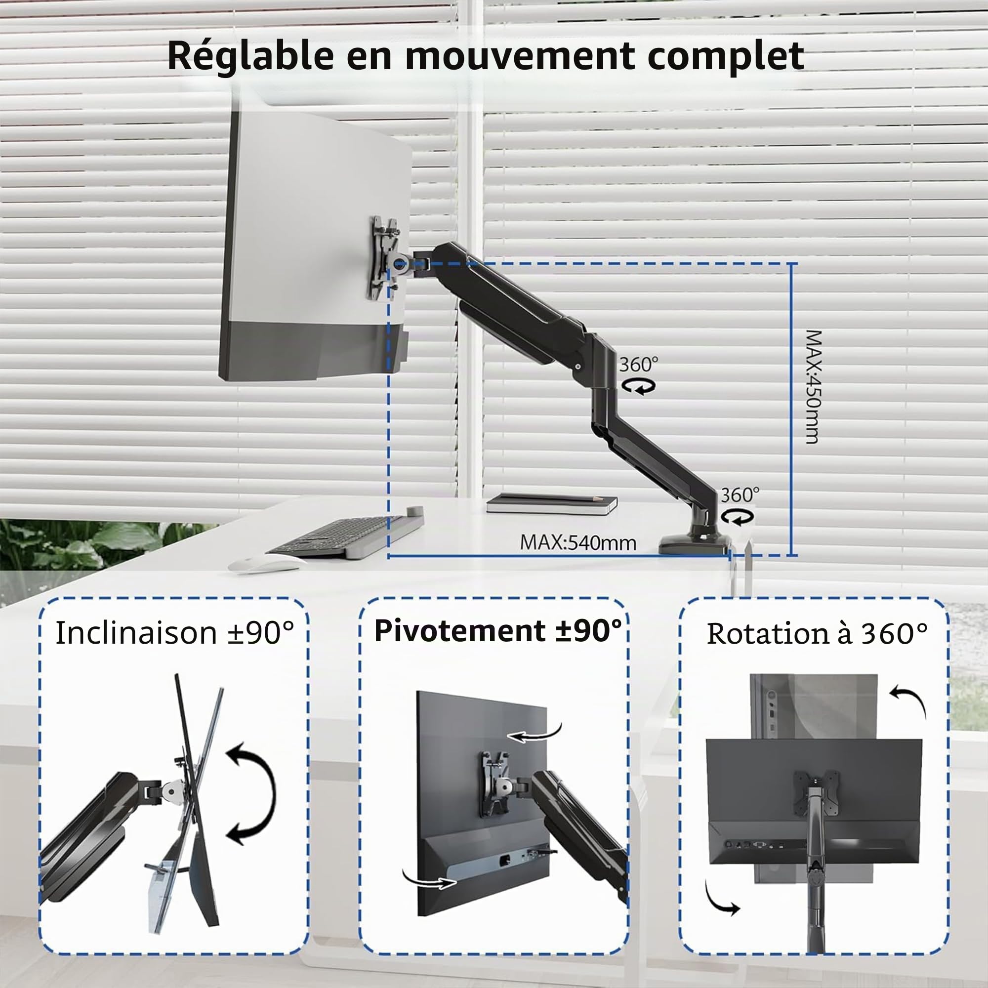 BONTEC Bras Articulé à Ressort à Gaz pour Moniteur 13-32 Pouces, Capacité 3-9kg, Rotation 360°, VESA 75/100mm