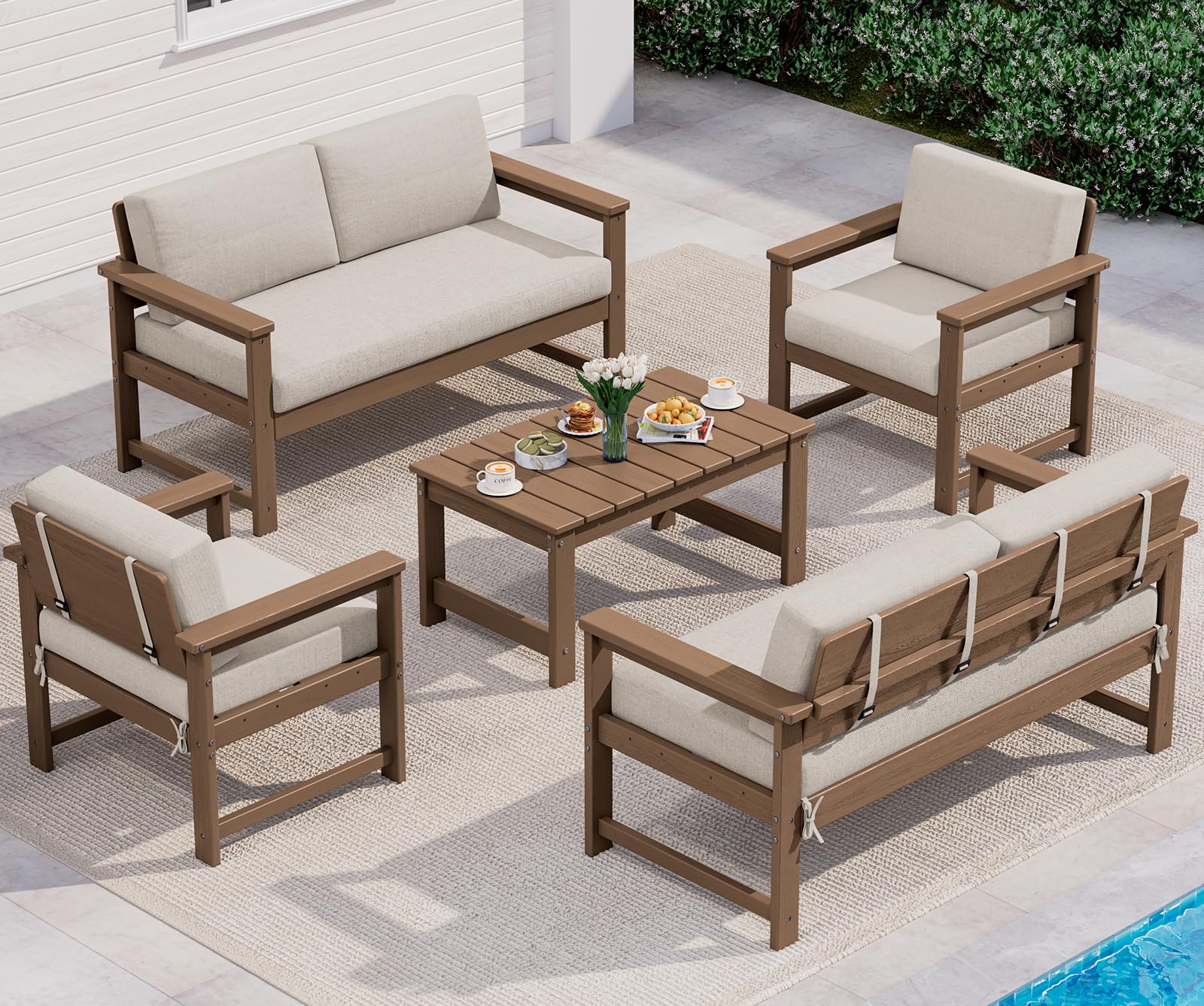 SERWALL 5 Pieces HDPE Outdoor Conversation Sofa Set with Cushion