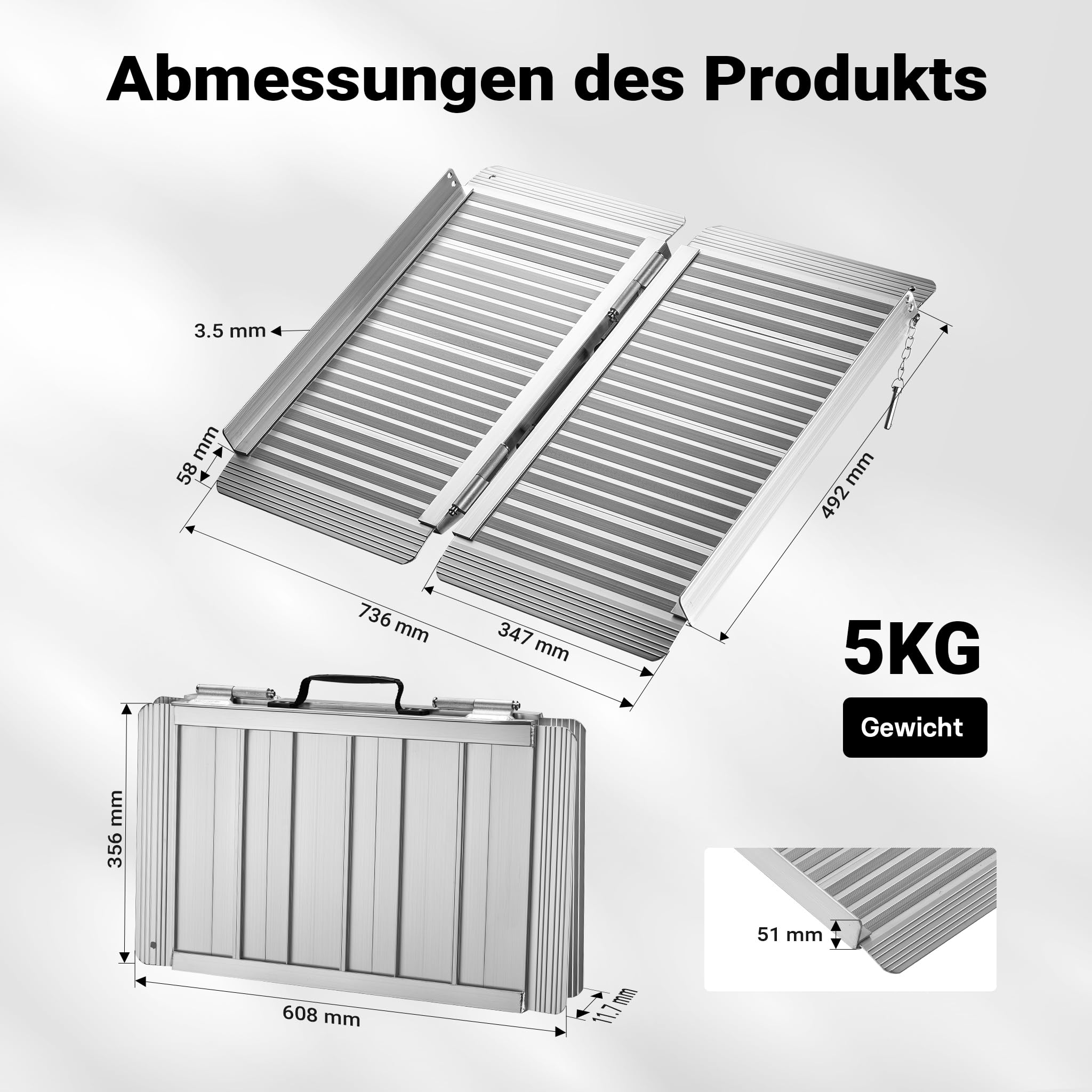 Wiltec Rollstuhlrampe faltbar 62 cm 270 kg, Mobile Auffahrschiene als Rollirampe, Aluminium Kofferrampe, Flachrampe klappbar