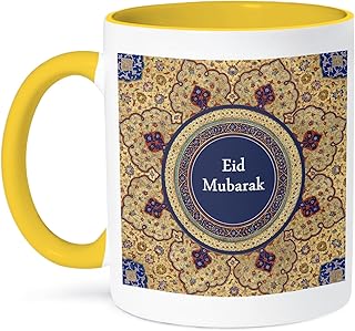 3dRose Eid Mubarak - Gold Blessed Happy Eid Wishes - Islam Muslim holiday 15oz Two-Tone Yellow Mug