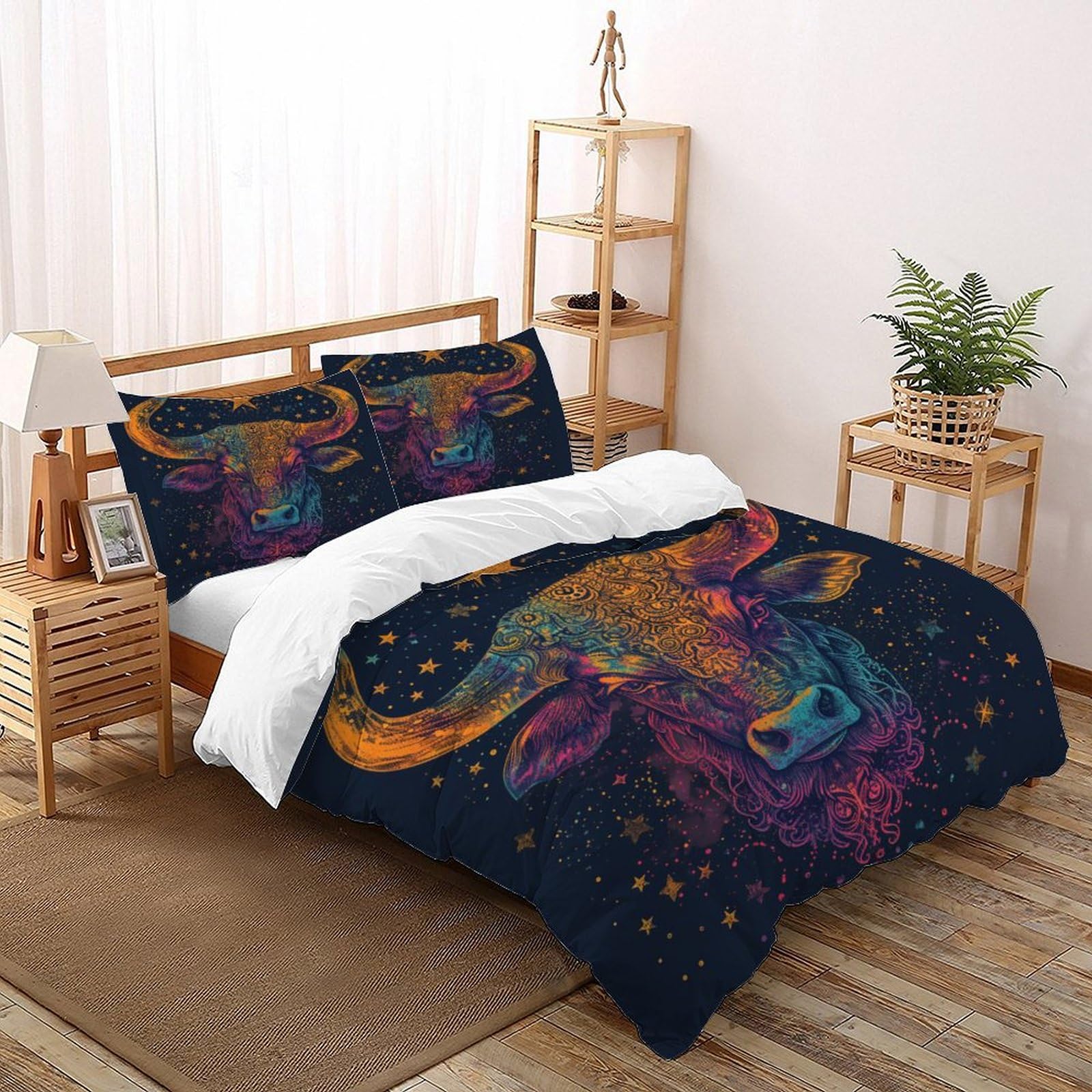 Housse de couette taureau coloré anti-plis literie animal sauvage lit king size