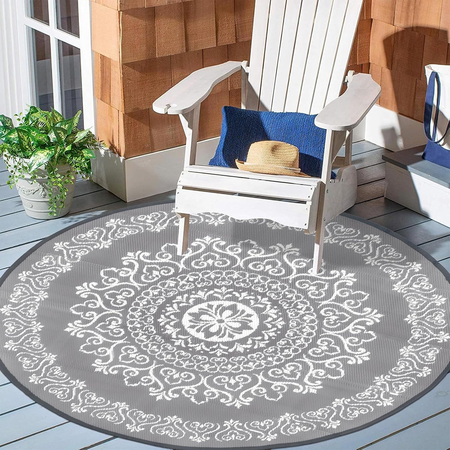 Pauwer Waterproof Outdoor Rug 6ft, Reversible Plastic Straw Patio Camping Rug, Indoor Outdoor RV Mat Carpet for Deck, Camper, Porch, Balcony, Backyard, Picnic, Floral Grey