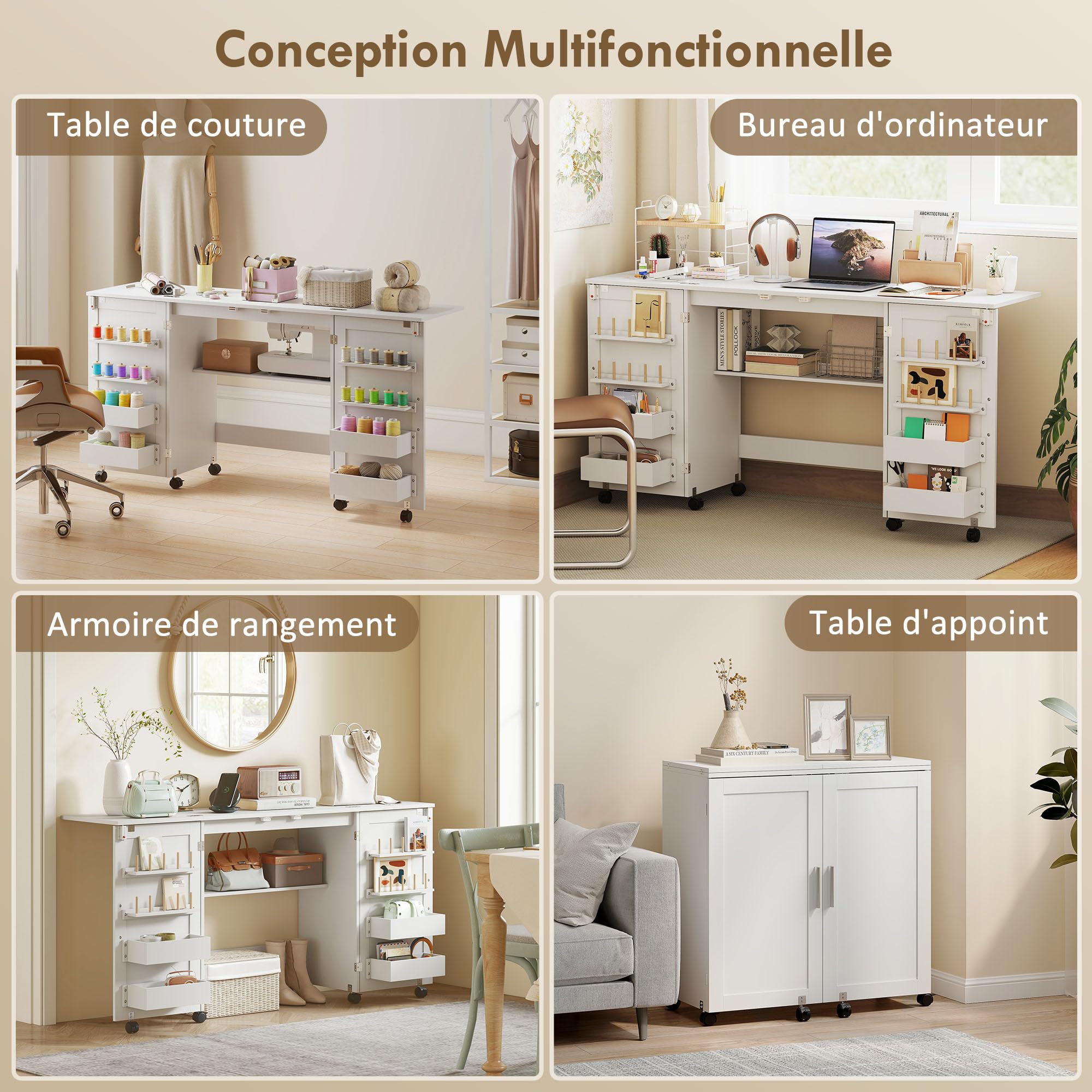 HOMCOM - Mesa de costura plegable, mueble de costura con ruedas con 2 puertas magnéticas, 4 bandejas, 20 ganchos y estante de almacenamiento, mueble máquina de coser para salón, oficina, estudio