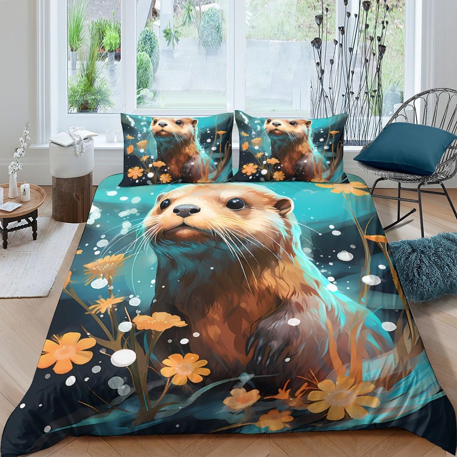 Ctjqhvkz Style-3 3D Printed Otter Floral Fitted Sheet Microfiber Soft Breathable Water Meadow Bed Cover For Bedroom Dorm Mattress Protection Decor Single（135X200cm）