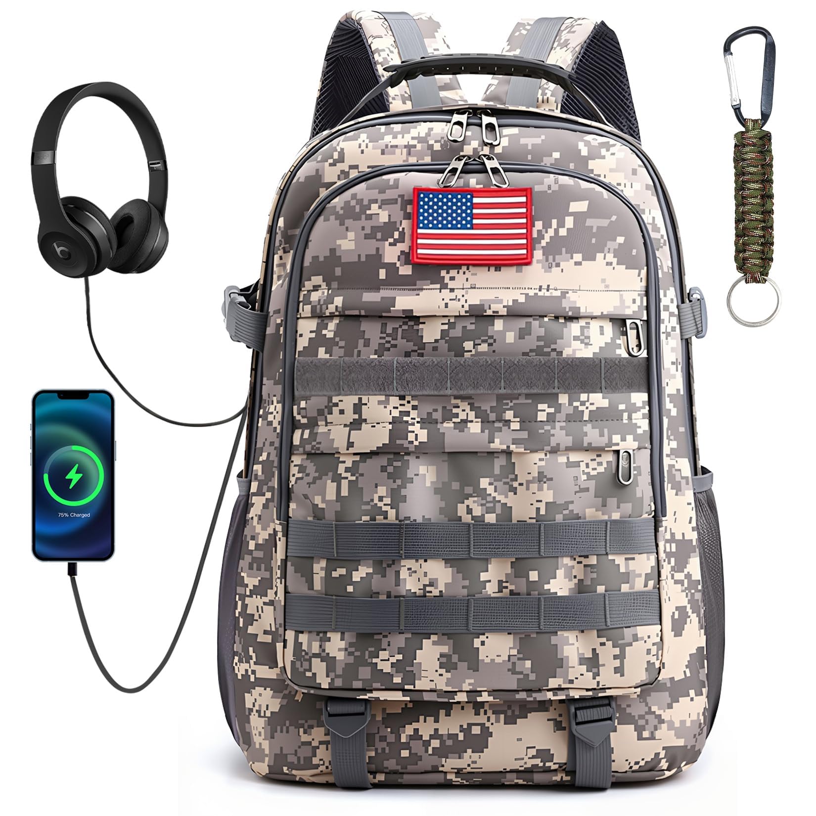 School Backpack for Boys - Camo Boys Backpack for Kids Teens Elementary Middle School - 18″ Camouflage Bookbag with Usb Charging Port & Key-chain