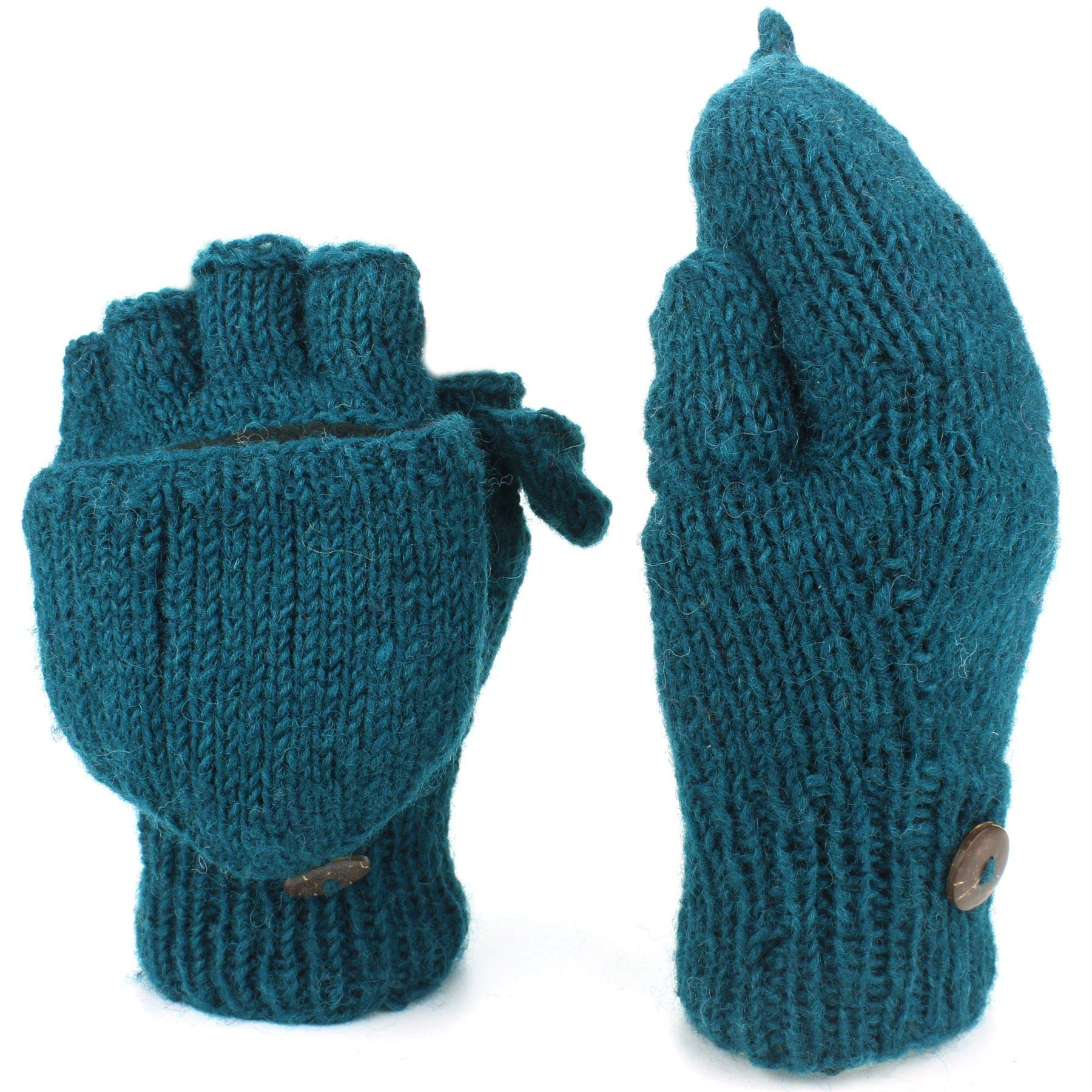 Loudelephant Teal Wool Knit Fingerless Shooter Gloves With Fleece Lining - Plain (Teal)