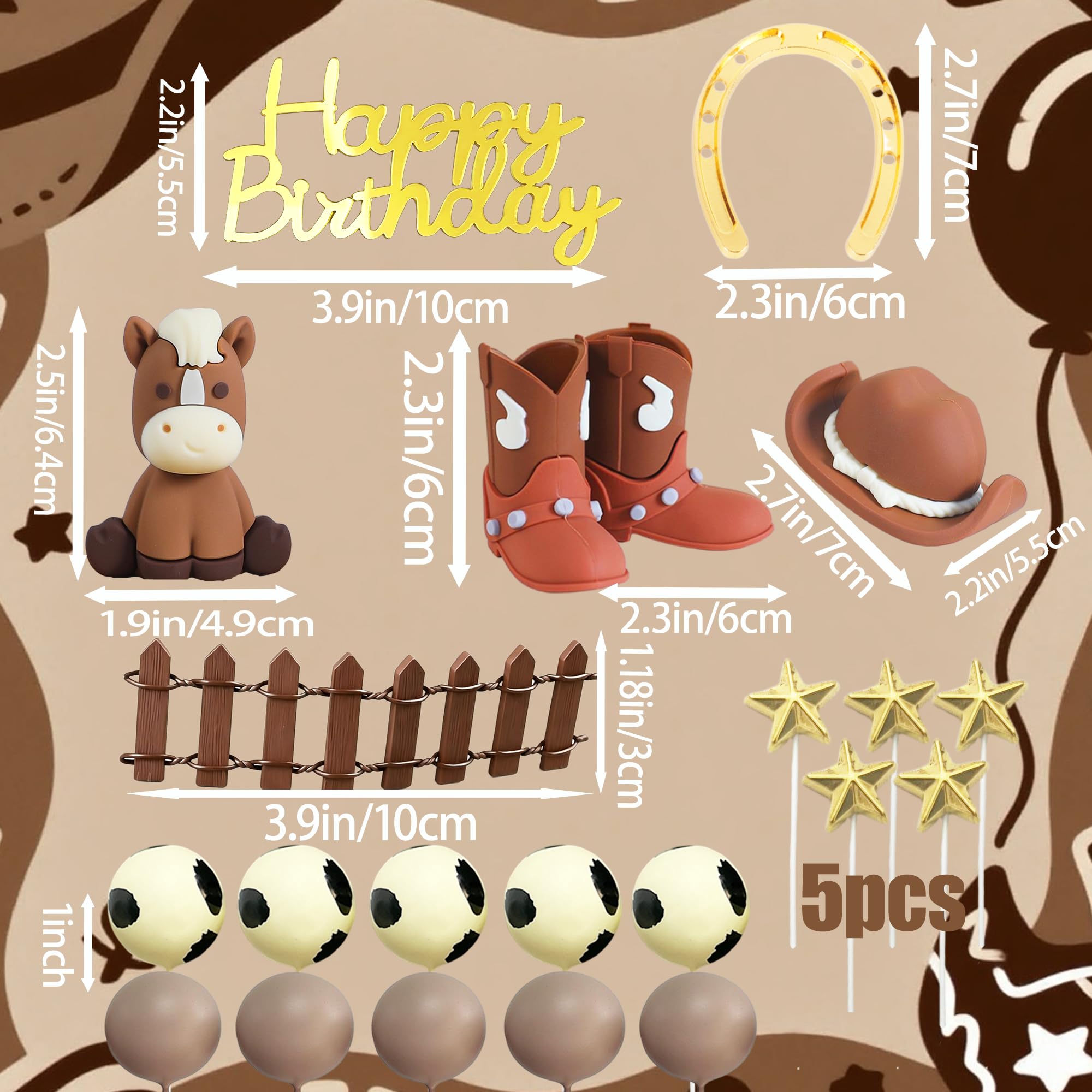 Tyotrbs 3D Cowgirl Happy Birthday Cake Topper Cowboy Hat Boots Cake Decoration for Western Theme Babyshower Birthday Party Cake Decorations (brown2) - Image 4