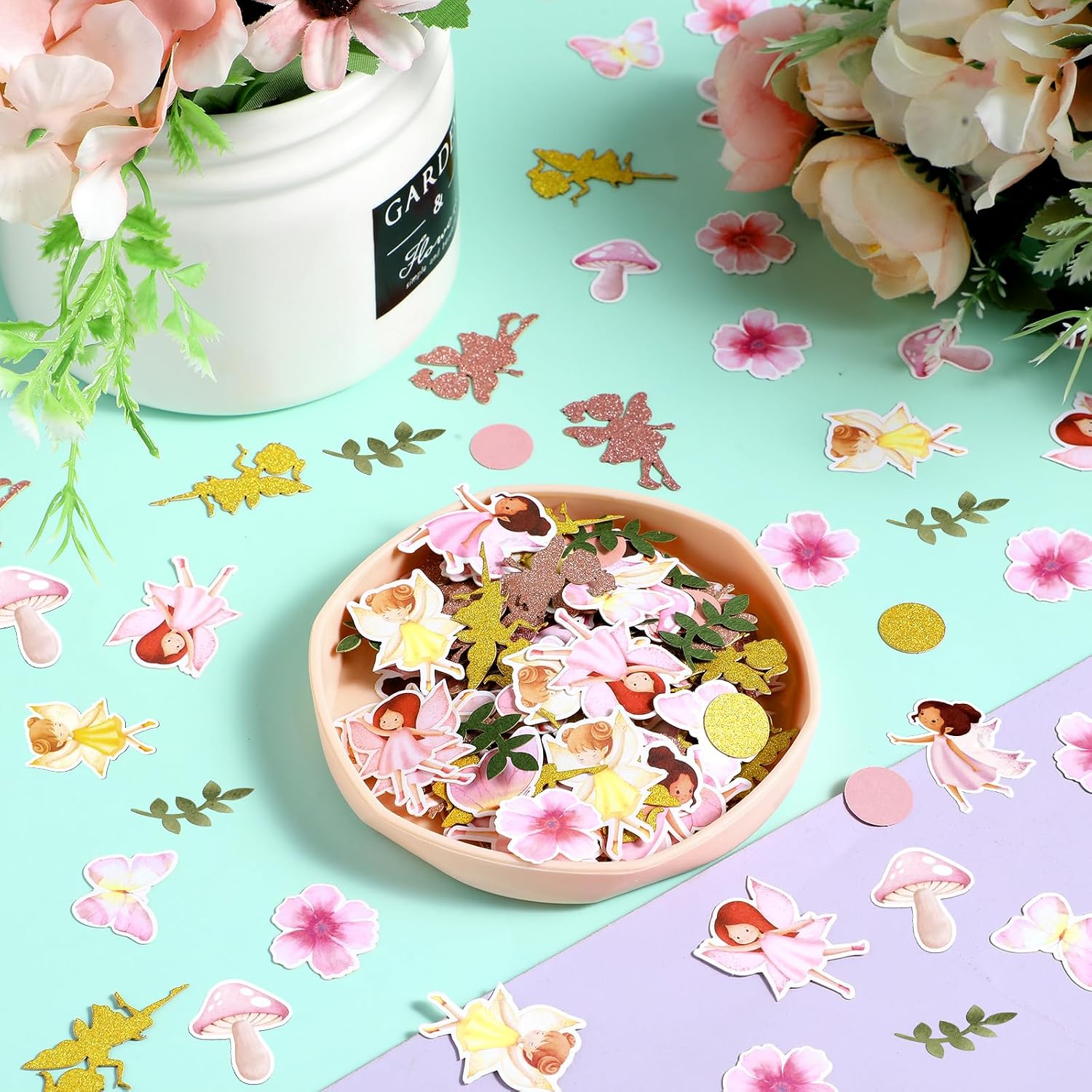 Pasimy 300 Pcs Fairy Confetti Fairy Theme Table Decoration Butterfly Mushroom Eucalyptus Glitter Confetti Double Sided Printing for Birthday Bridal Shower Wedding Gender Reveal Party Decoration