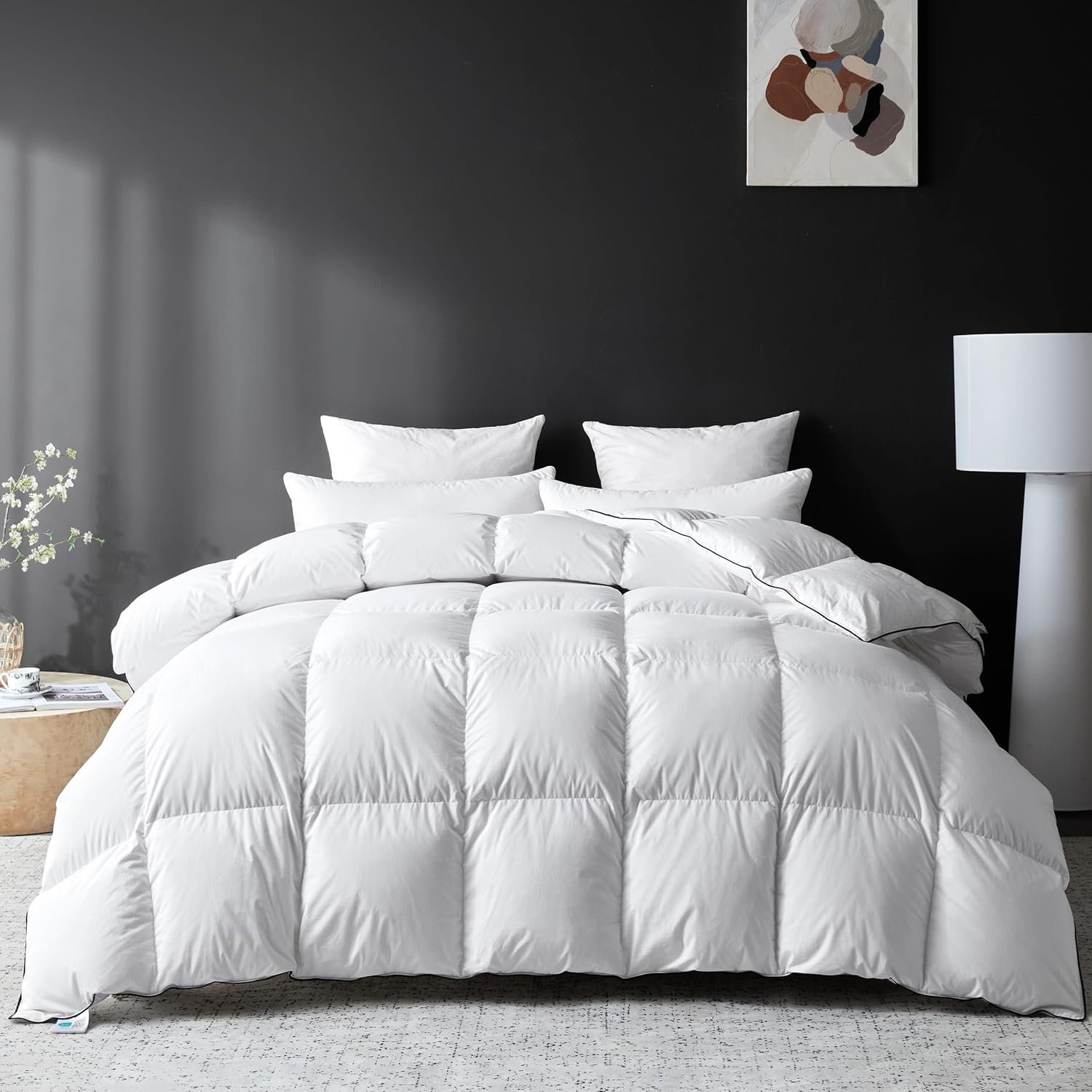 Goose Feather Down Fiber Comforter King Size, Premium All Season Fluffy Duvet Insert, 100% Cotton Hotel Bedding Comforter Medium Warmth Duvet Insert (106 x 90in, White) King White