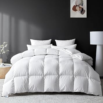 Goose Feather Down Fiber Comforter King Size, Premium All Season Fluffy Duvet Insert, 100% Cotton Hotel Bedding Comforter Medium Warmth Duvet Insert 106 x 90in, White