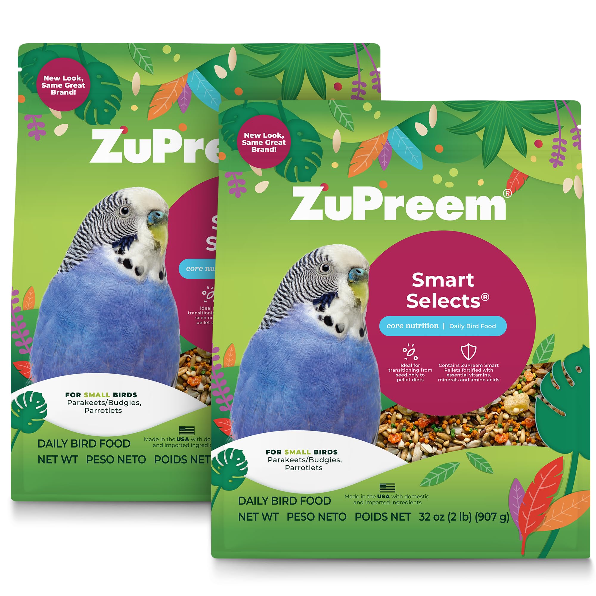 ZuPreem Smart Selects Parakeet Food, Pellet & Seed Blend, 2 lb 2 Pack | Pellet + seed blend, for budgies, parrotlets & doves, daily variety, small bird food mix