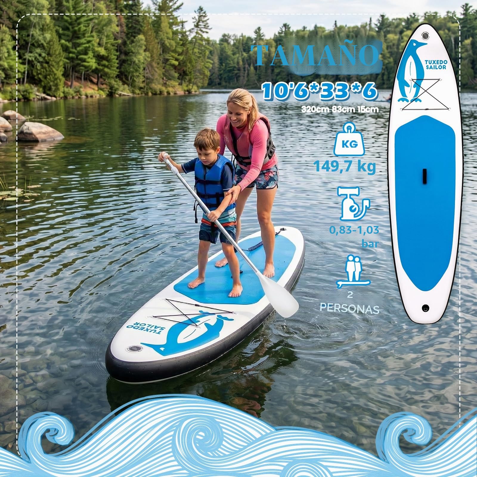 Tuxedo Sailor Tabla Paddle Surf Hinchable 320cm Stand Up Paddle Board Inflatable con Accesorios Sup, Tabla Padel Surf Hinchable para Adultos 2 Personas