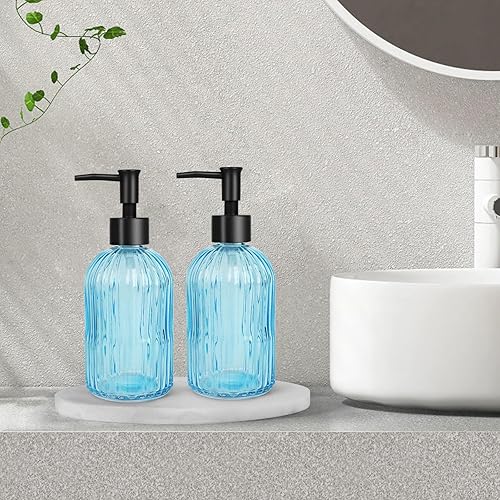 Miniatura 8 de Paquete de 2 dispensadores de jabón de vidrio a rayas con bomba de plástico negro, dispensador de jabón líquido de manos de 13.5 fl oz, bomba a