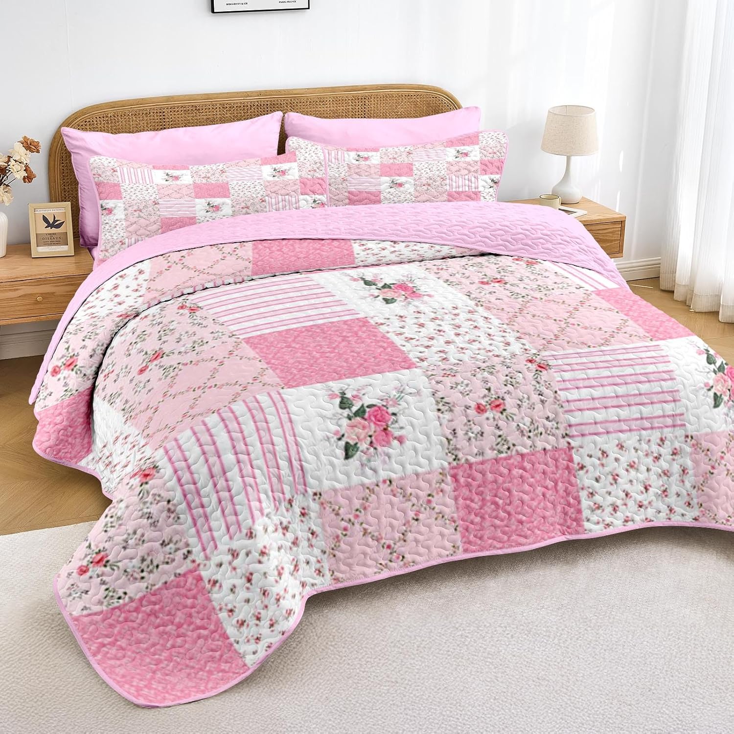 Quilt Set King Size, Pink Patchwork Flowers 3 Pcs Soft Bed Cover Bedding Set, Garden Floral Lightweight Bedspread Coverlet with 2 Pillow Sham for All Season - Image 9