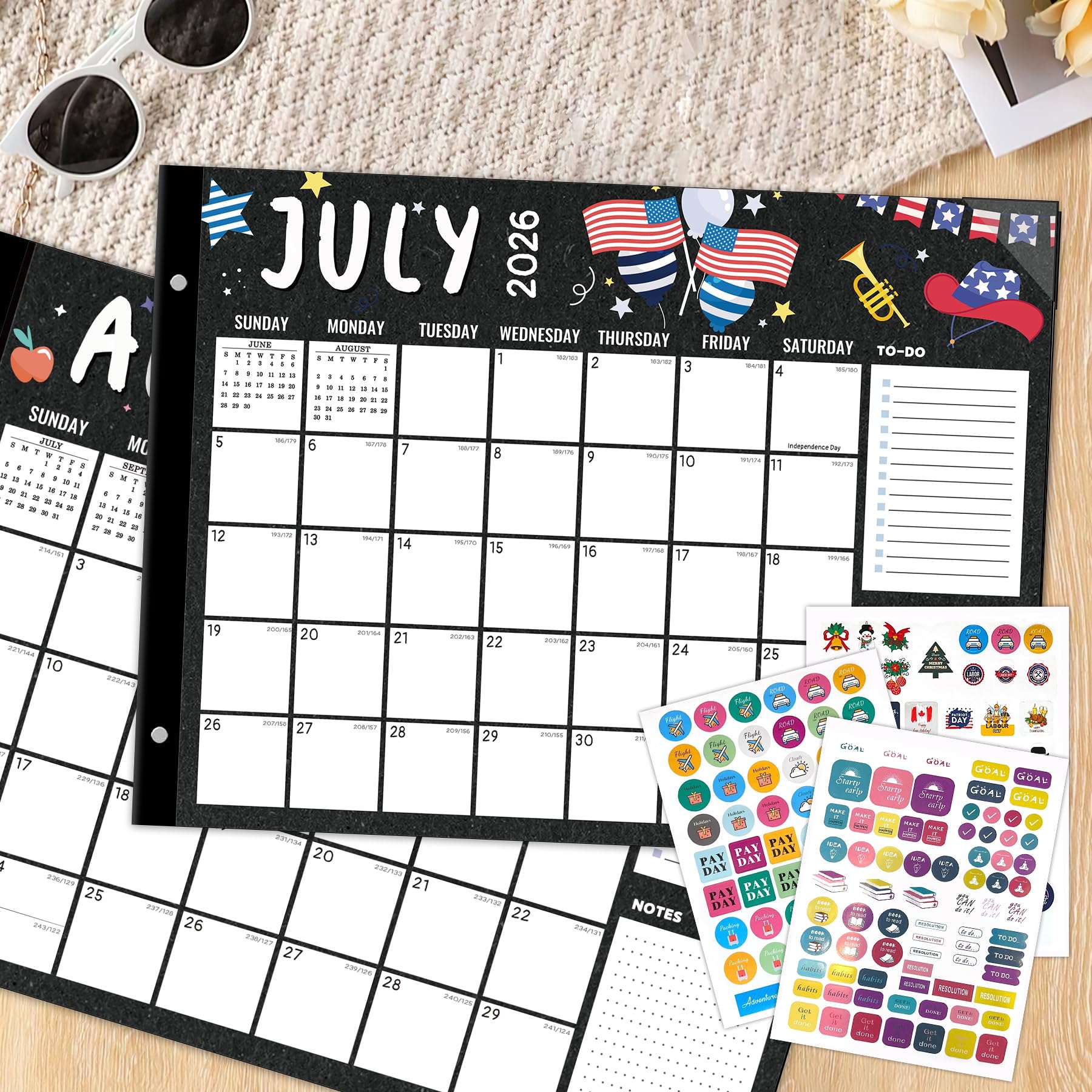 Calendrier de bureau 2026-2027, mensuel, sous-main, 18 mois, de janvier 2026 à juin 2027, extra large, 55,9 x 43,2 cm, motifs saisonniers colorés, autocollants inclus (noir (juillet 2026))