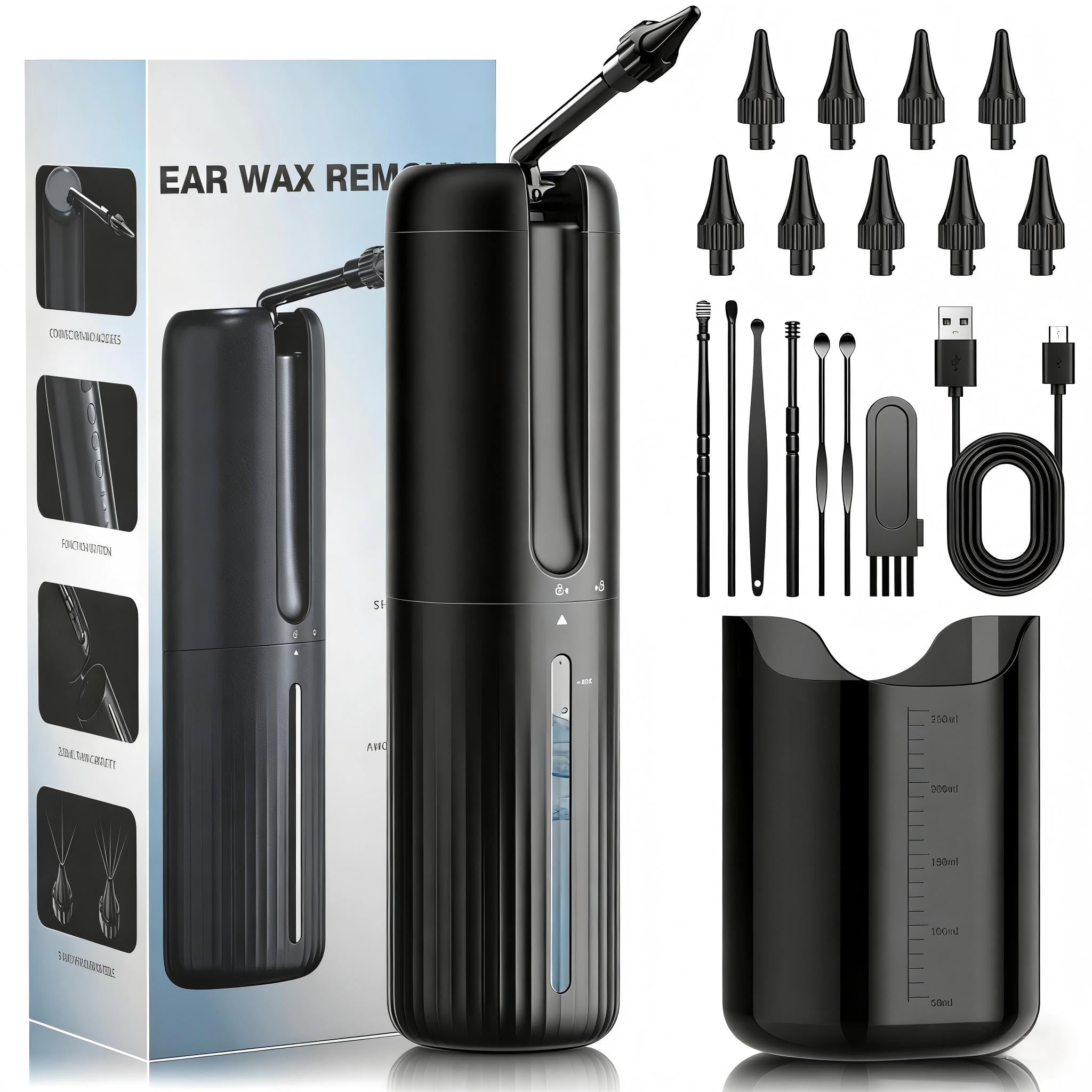 Nettoyage Oreille, Nettoyeur Oreilles Adulte Rechargeable con 2000 mAh Batterie,Cure Oreille Adulte 2 Types de Jet D'eau et 4 Modes Nettoyage avec 16 Accessoires pour Ear Cleaning