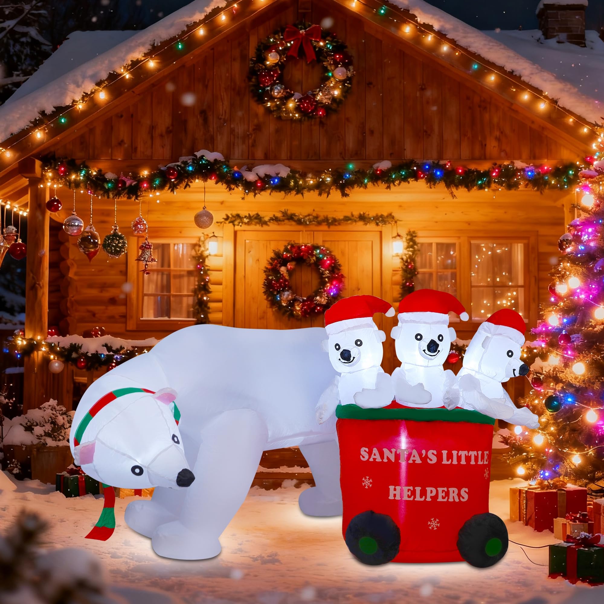 DR.DUDU Oso polar inflable de Navidad de 7 pies con sombrero de Papá Noel, oso de Navidad inflable decoraciones al aire libre para césped, jardín, patio, fiesta de Navidad