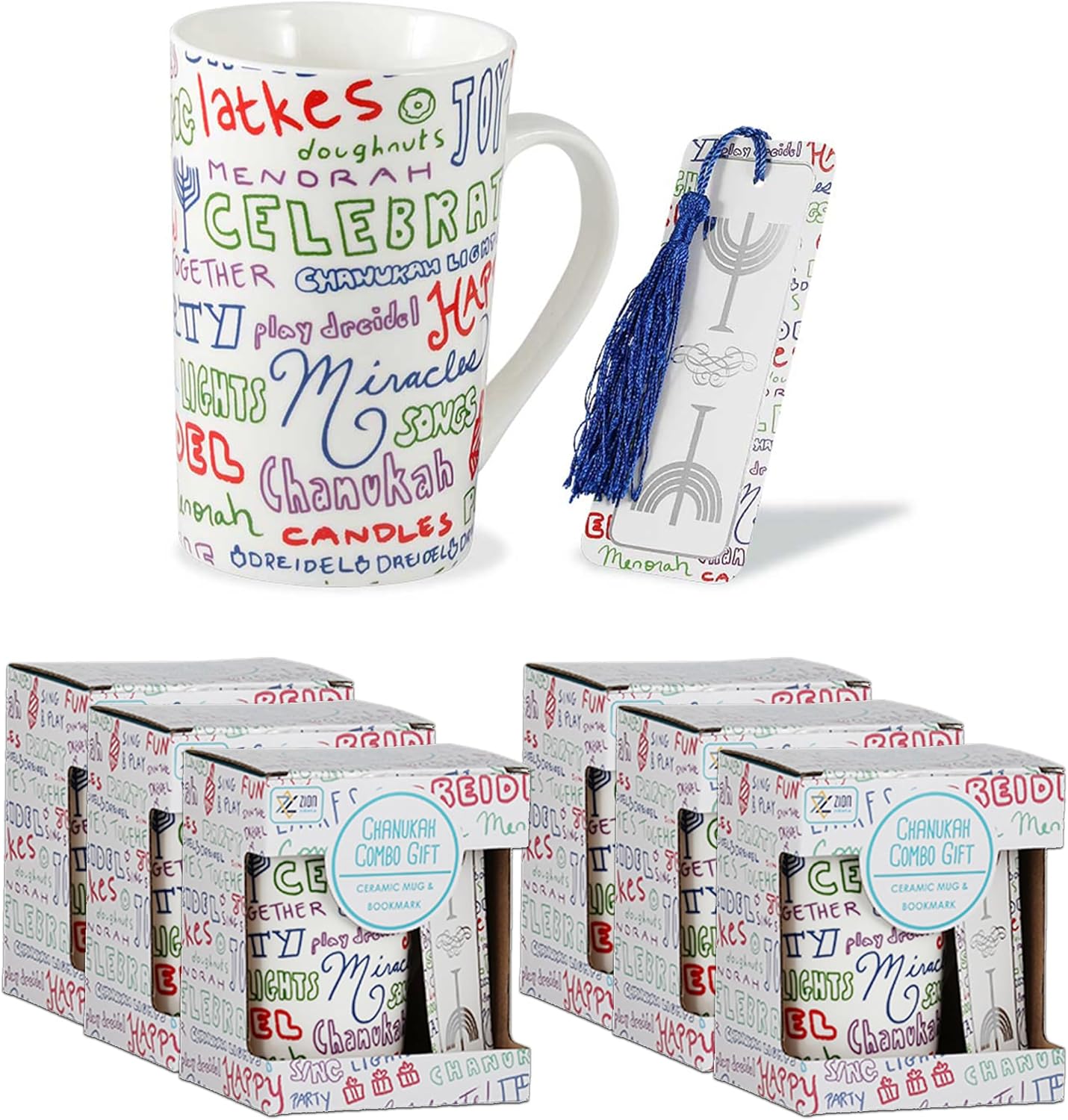 Zion Judaica 6 Pack Novelty Chanukah Mugs Gift Set 15 oz ceramic Hot Beverage Cup with Chanukkah Theme Includes a Menorah Bookmark Hanukah Gift Boxed (6)