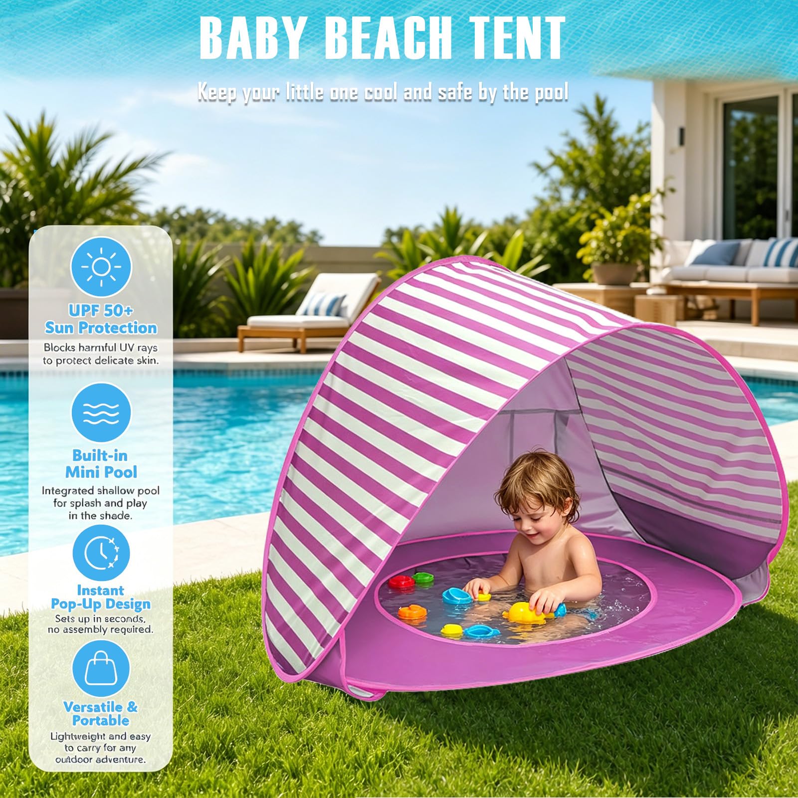 Refugio de playa para bebé con mini piscina, tienda de playa para bebé con protección UV, concha de playa portátil para niños, protección solar, tienda de playa para playa, jardín y viajes (rayas