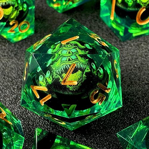 HAOMEJA Beholder D&D Juego de dados de resina monstruo DND, esqueleto DND, 7 piezas con bolsa de ojo de dragón para regalo de juego de rol de
