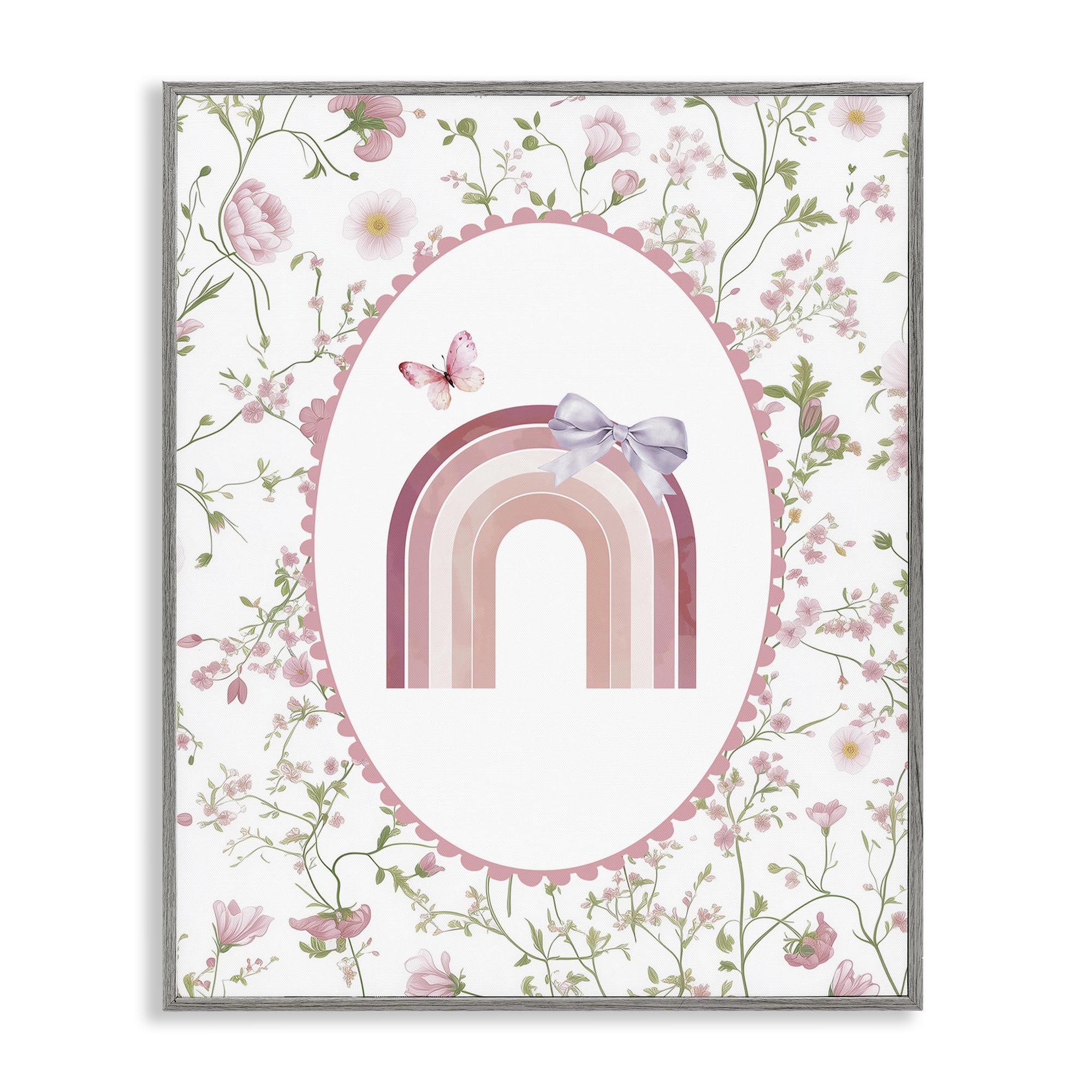 Stupell Industries Farmhouse Gray (Textured) Floral Ribbon Rainbow Nursery Charm, 16 X 20 Inch Framed Giclée Print
