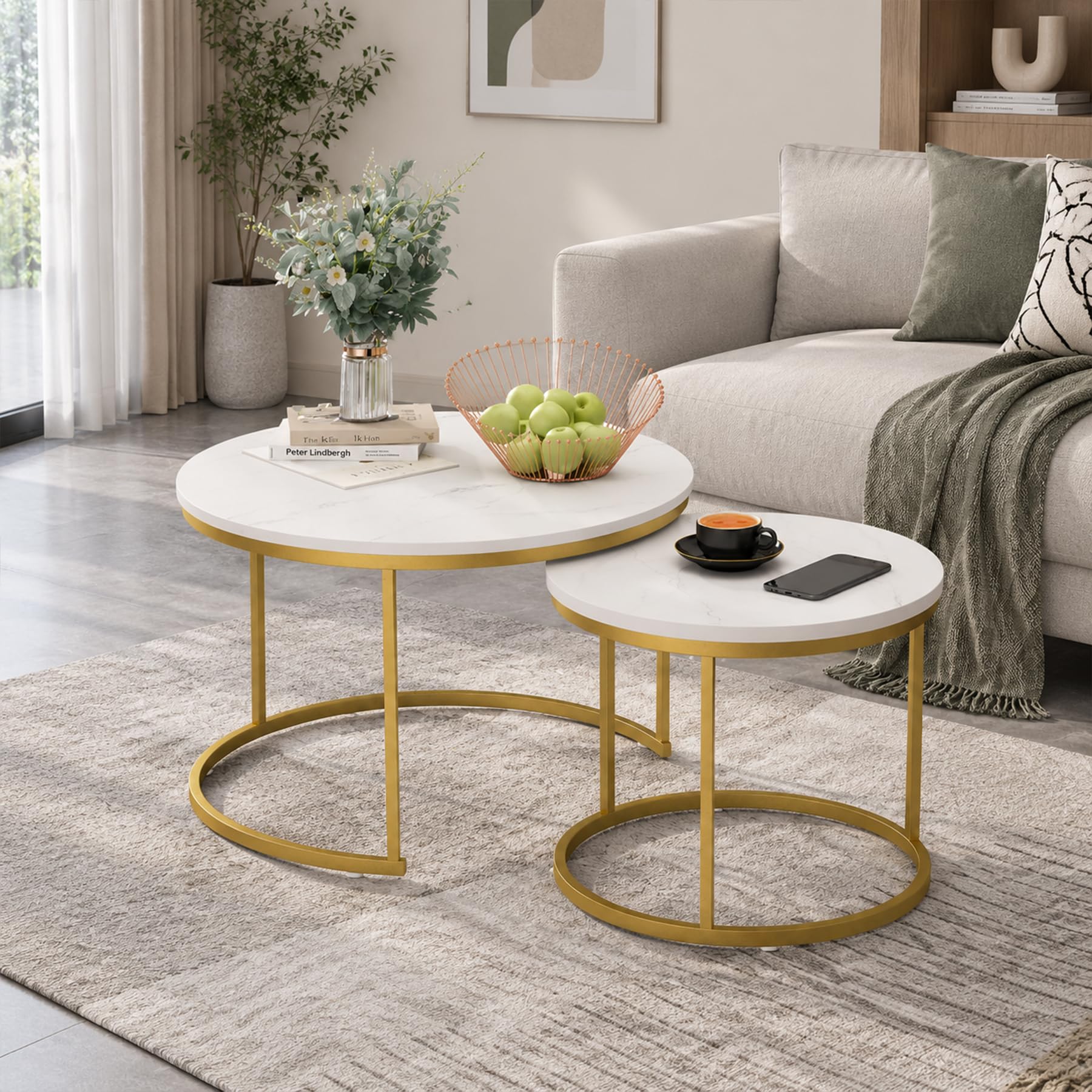 Nesting Coffee Table Set of 2, 27.6 inch Round Side Tables Coffee Table with Wood Marble Pattern Top Sturdy Metal Frame, End Table for Living Room Bedroom Balcony Yard (White+Gold2)