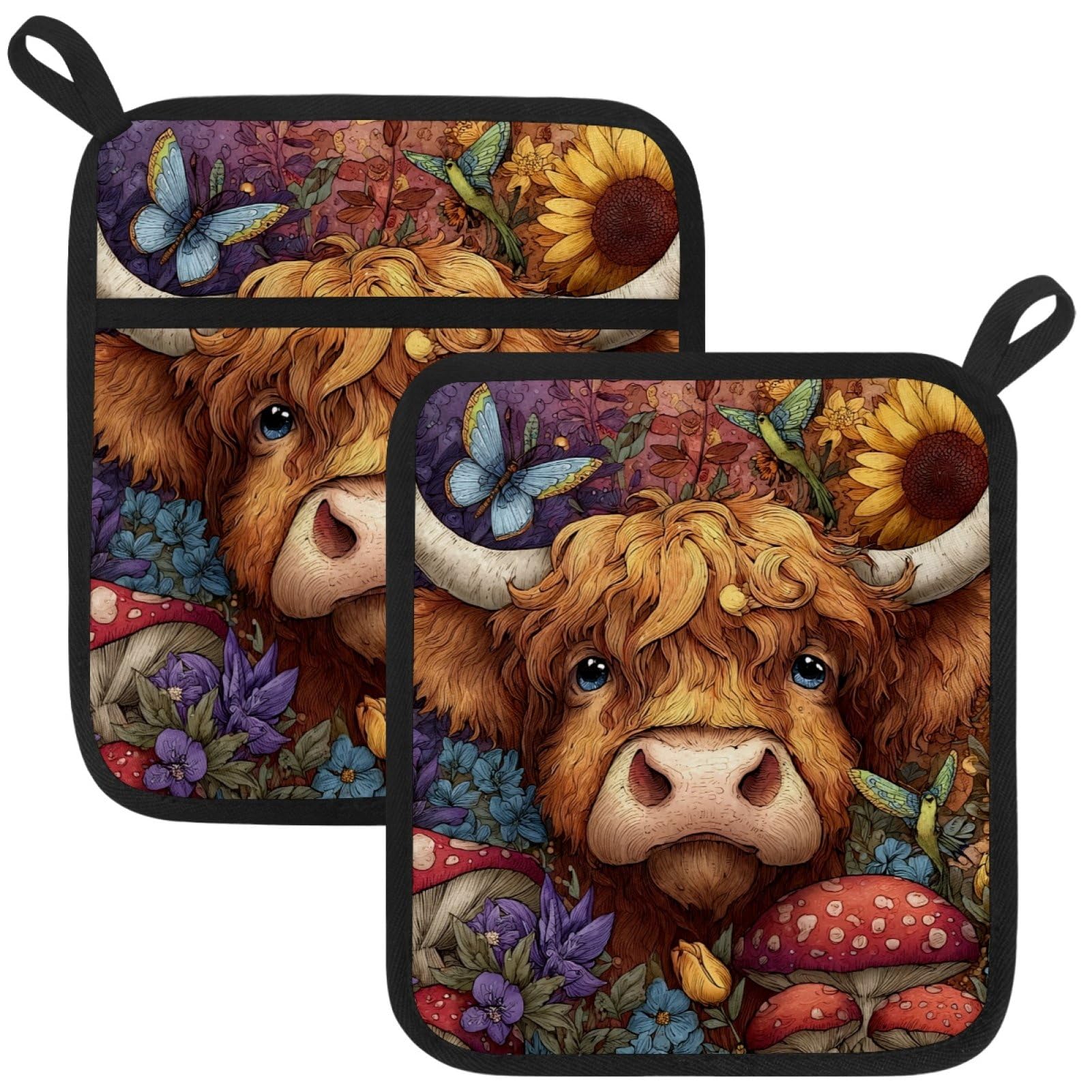 VAPOKF Cartoon Cows Pot Holders with Pocket for Kitchen Heat Resistant Potholders Large Polyester-Cotton Square Oven Mitts Set