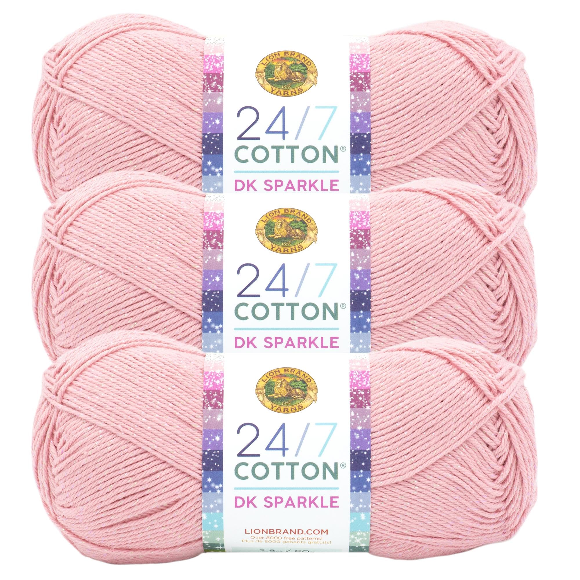 Lion Brand Yarn 24/7 Cotton DK Sparkle, Yarn for Knitting, Crocheting, and Crafts, Pink Diamond, 3 Pack
