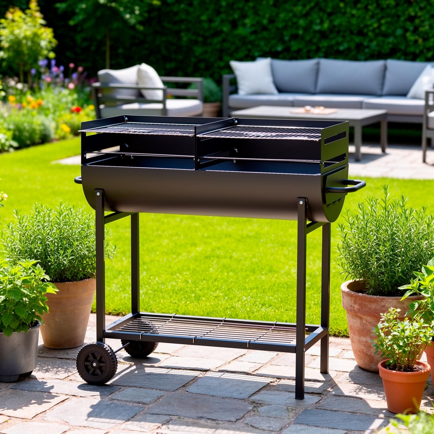 BRICOZONE Barbecue a Carbone con 2 Griglie Regolabili BBQ in Acciaio Resistente con Ruote e Ripiano Portaoggetti Ideale per Giardino Terrazzo e Grigliate all'Aperto 90 x 45 x 96 cm Nero