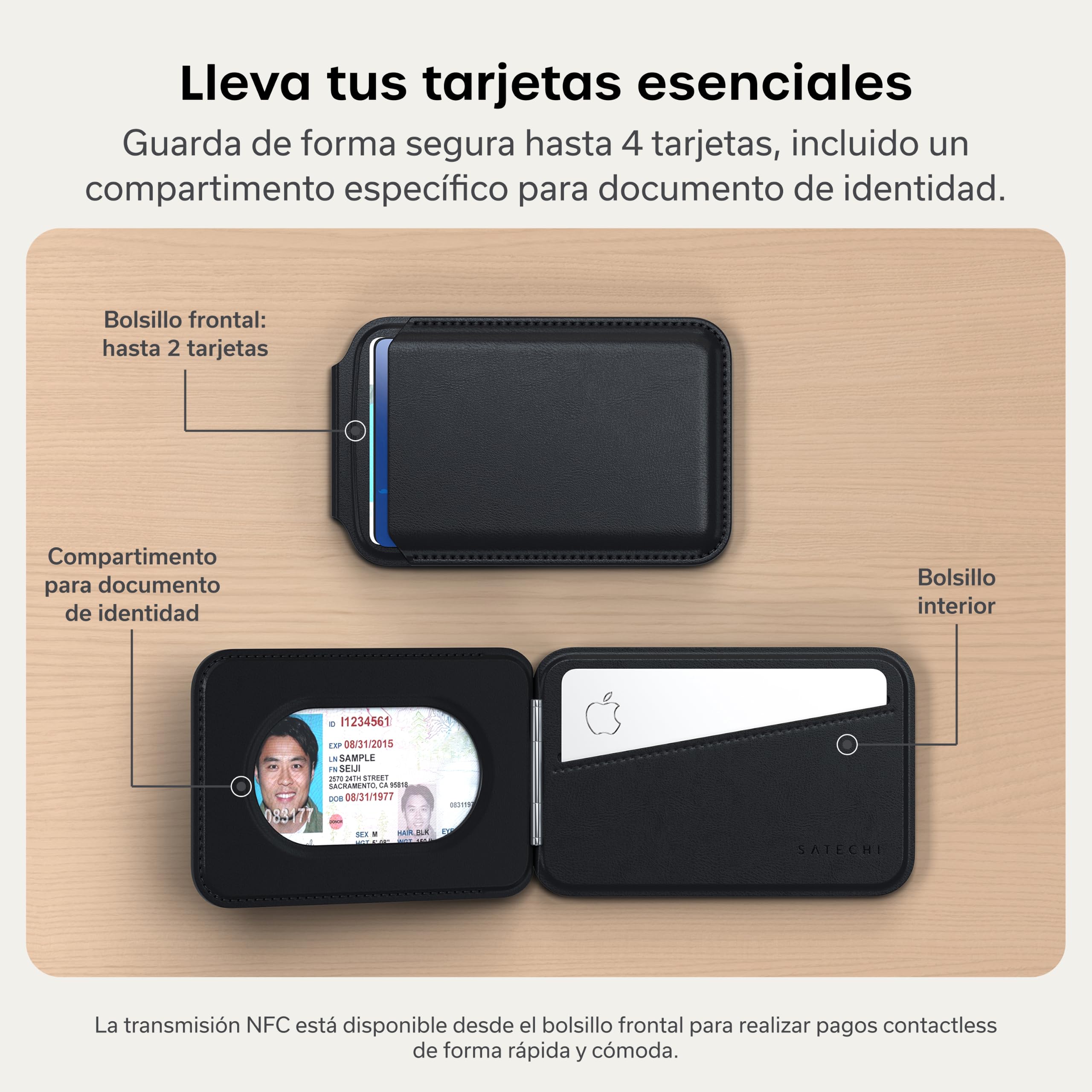 SATECHI Cartera MagSafe y Soporte para iPhone, Tarjetero Magnético con Soporte, NFC y 4 Espacios para Tarjetas, Compatible con iPhone 17 al 12 – Material Premium (PU) Negro