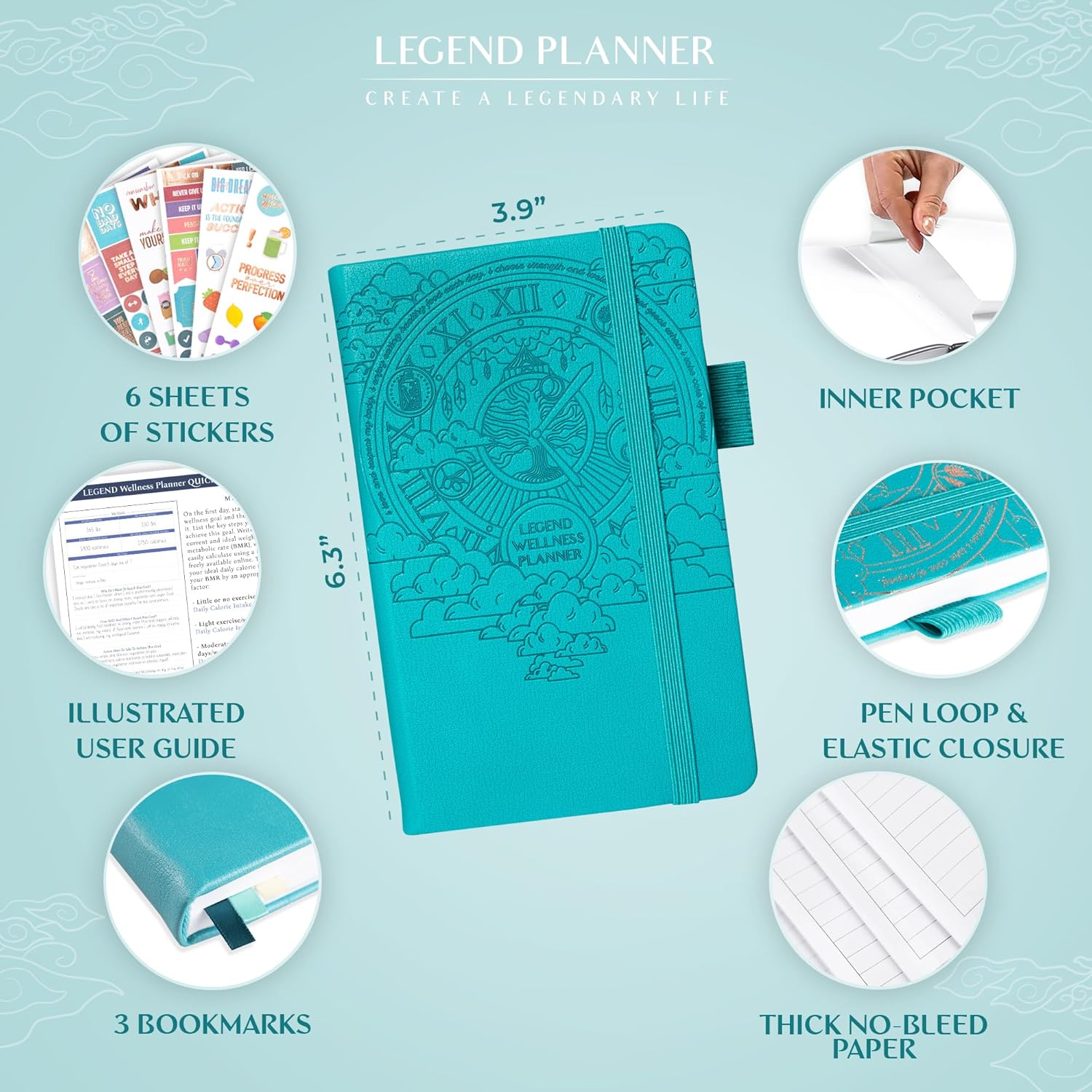 legend wellness planner & food journal pocket – daily diet & health journal with weight loss, measurement & exercise trackers – lifestyle & nutrition diary – lasts 6 months, 3.9x6.3? – turquoise pocket (3.9? x 6.3?) turquoise debossed