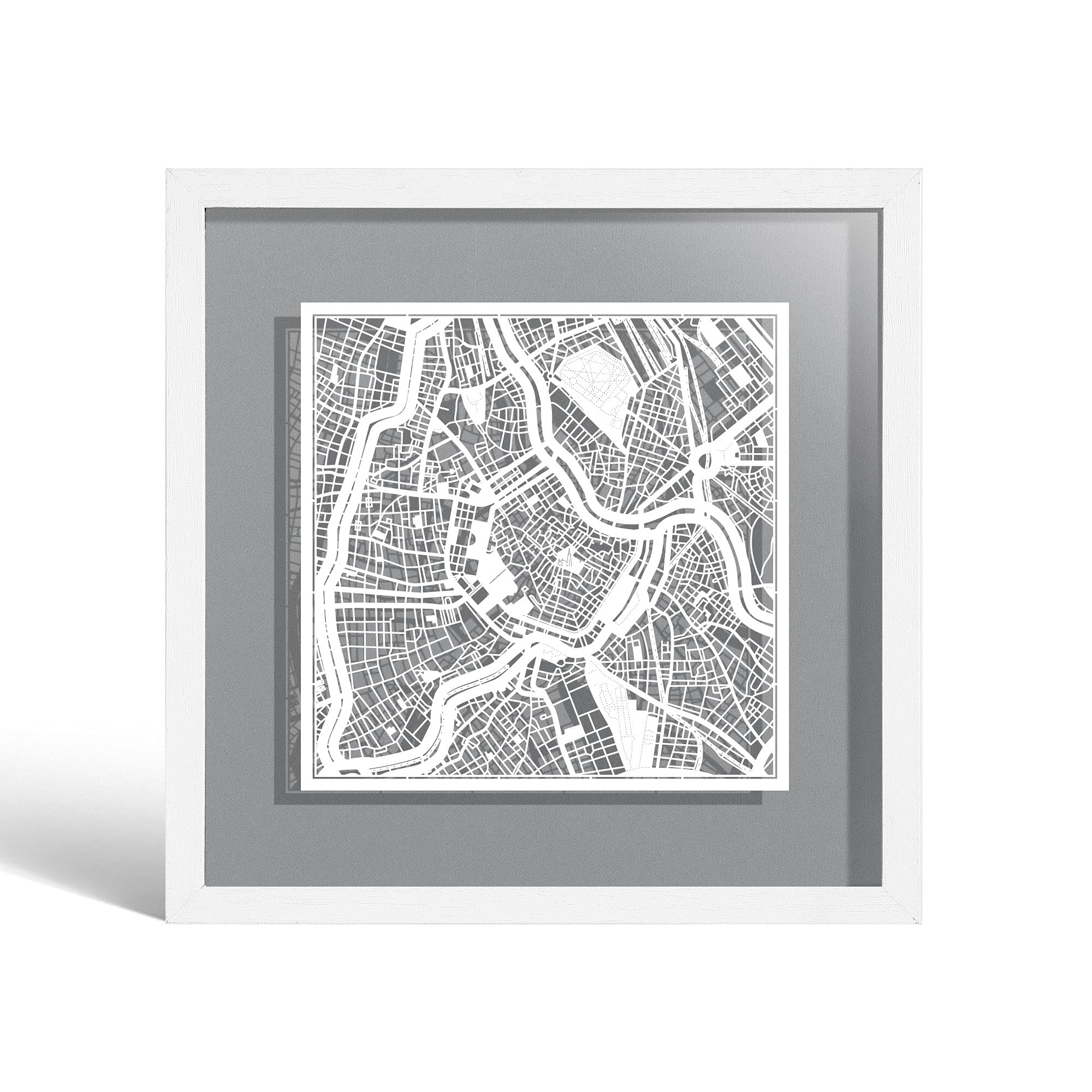 O3 DESIGN STUDIO Vienna Paper Cut Map framed, White map, White frame, 23x23 cm, Gift Boxed, 4 background color, self-changing, Paper Art — image 1