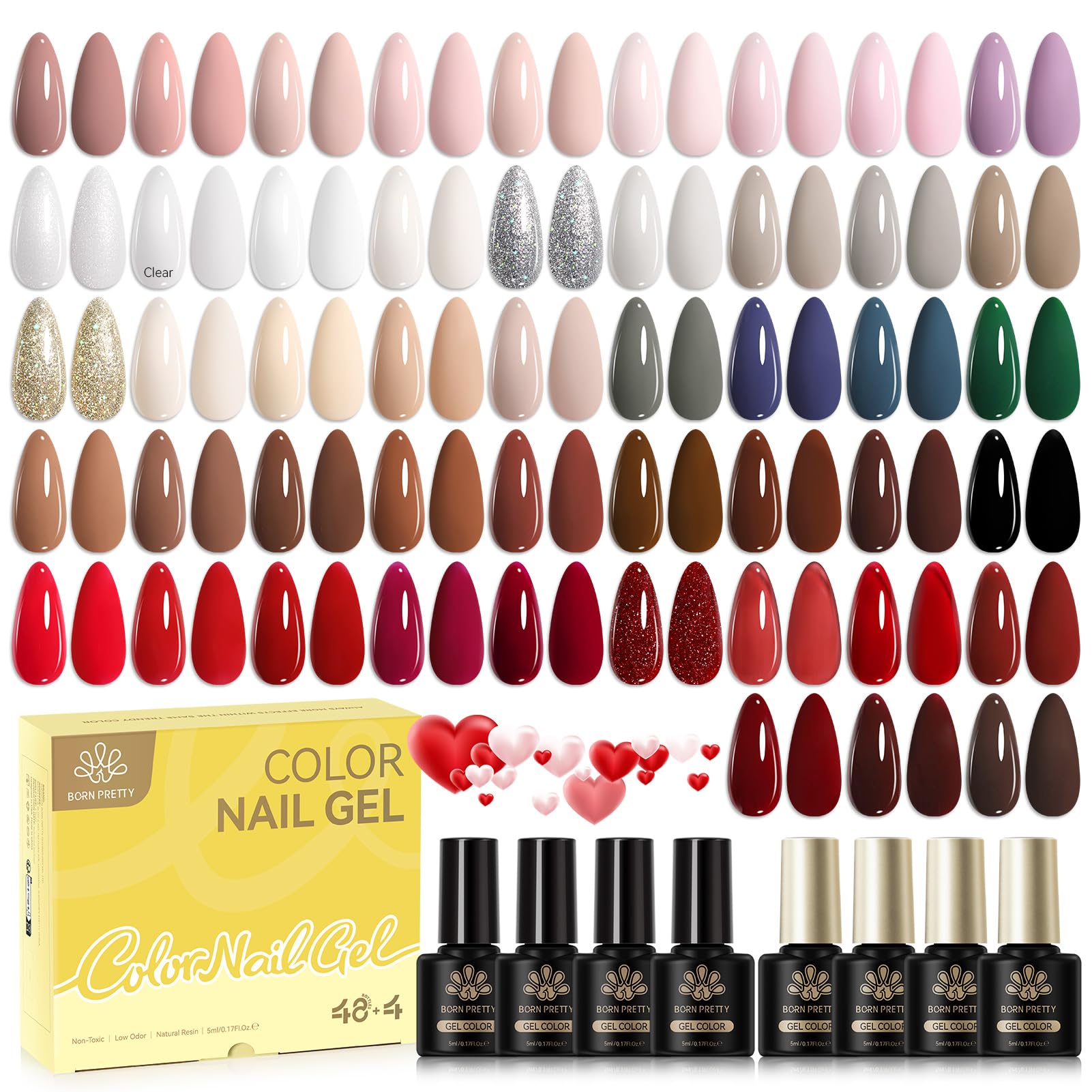 Born Pretty Set di smalti UV in gel, 52 pezzi, colore nude, rosa, rosso glitterato | Unghie in gel con base, top coat e top coat opaco, soak-off, mini UV LED, regalo