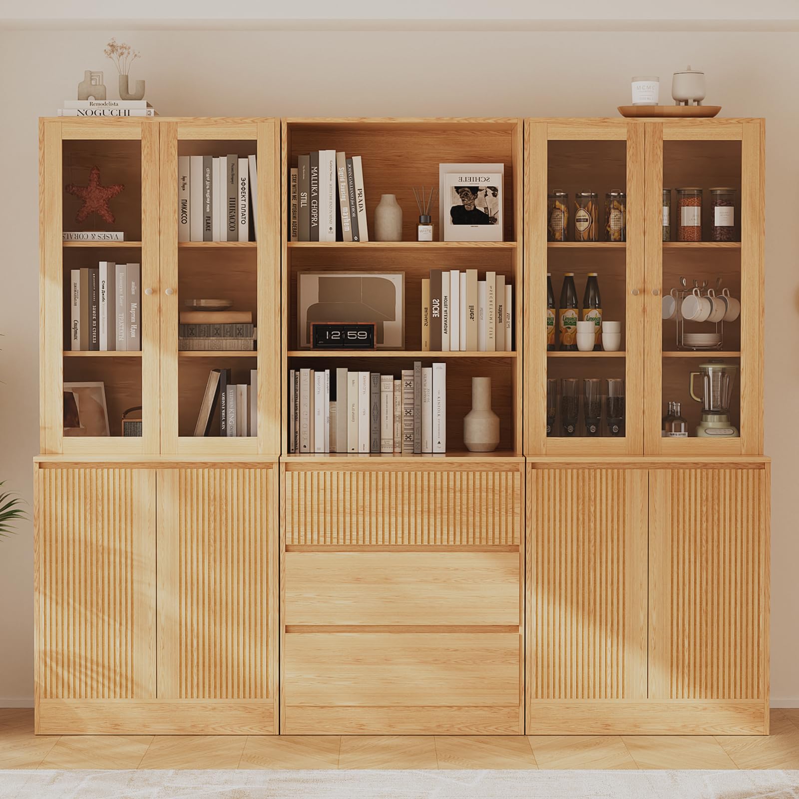 TUSY 71'' Freestanding Tall Storage Cabinet, 5 Tier Wood Bookcase with Drawers and Tempered Glass Doors, Large Floor Cabinet, Combination Storage