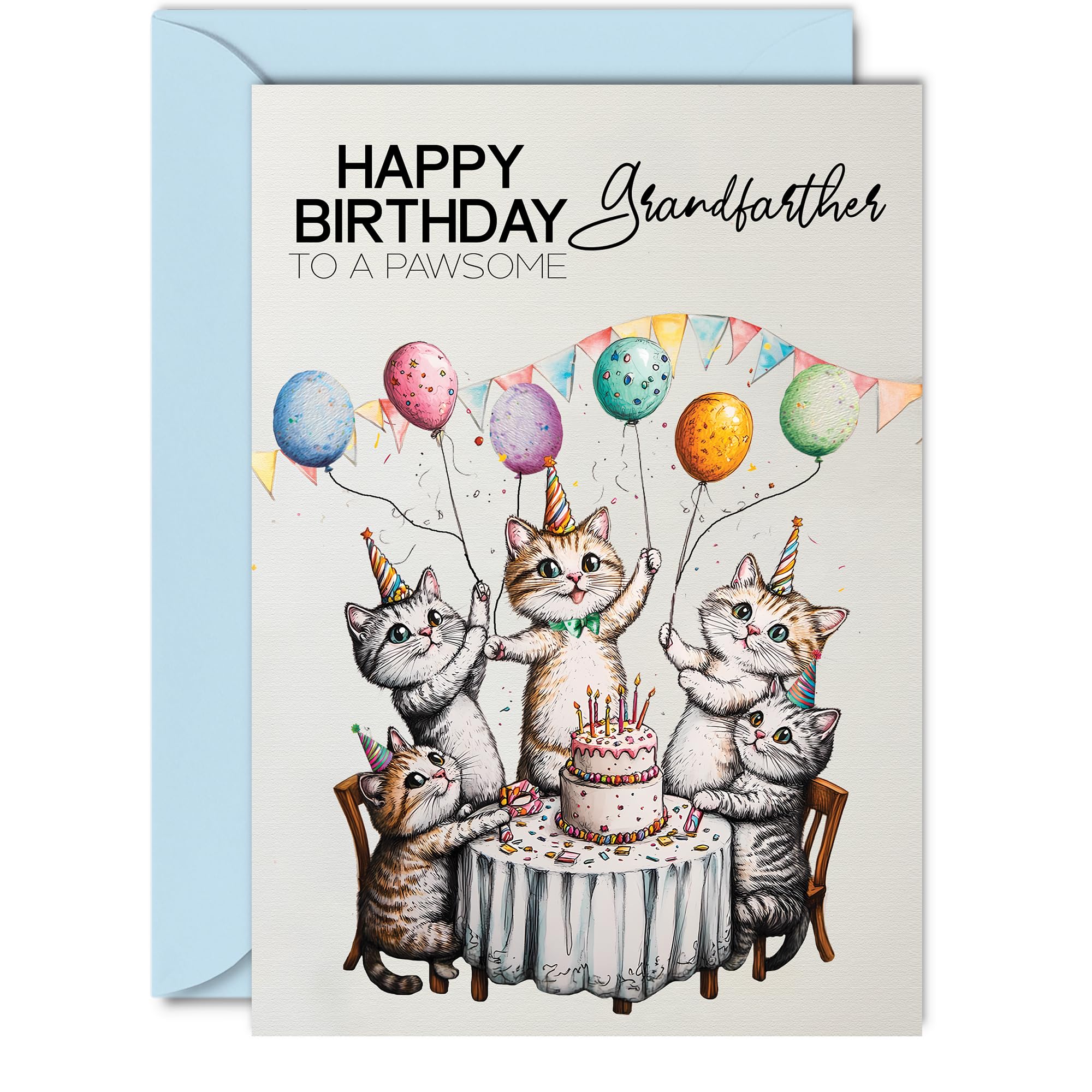 Grandfather Birthday Card - Pawsome Party Cats Balloons - Happy Birthday Card for Grandfather from Grandson Granddaughter, 5x7 Inch Male Cat Bday Greeting Cards