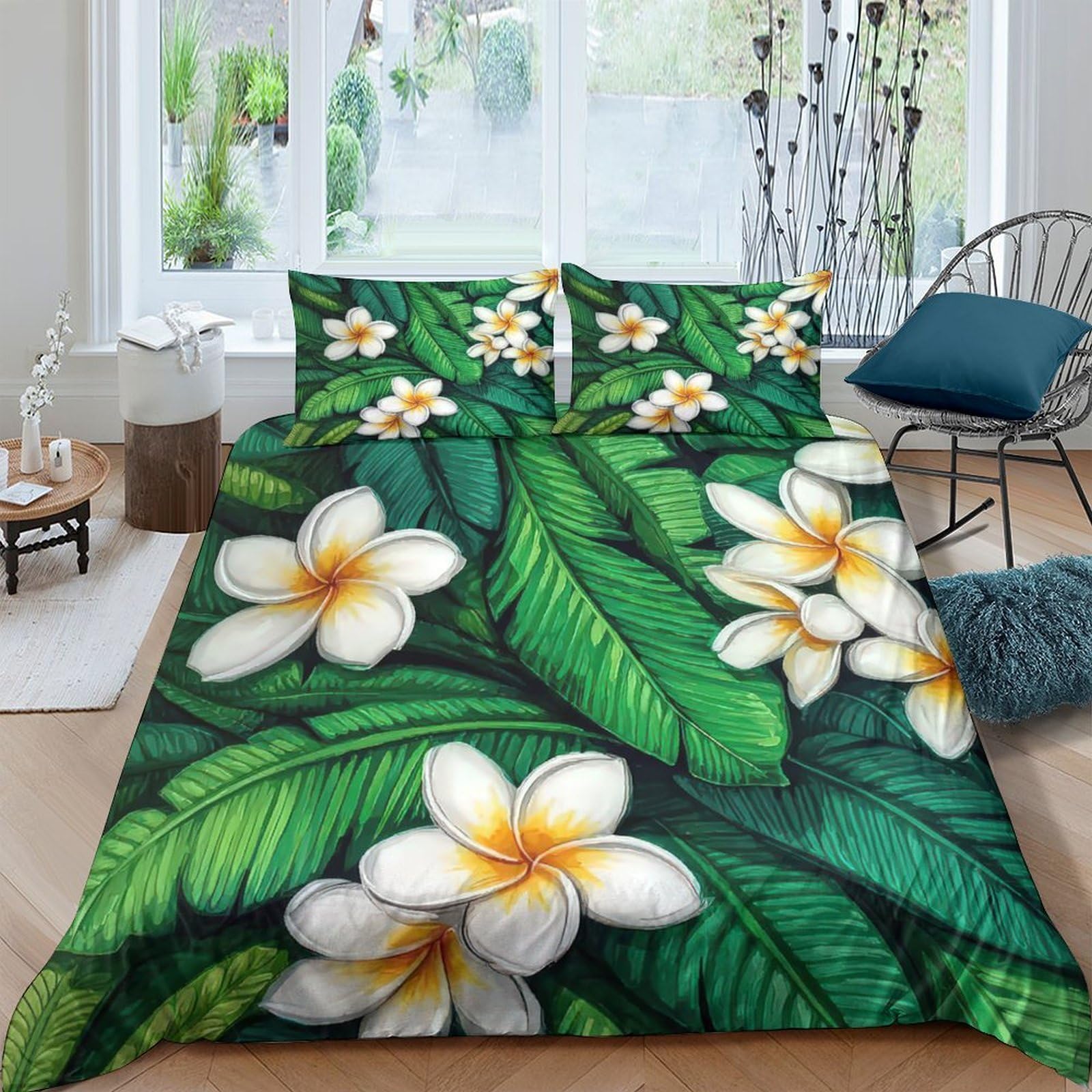 Ctjqhvkz Style-4 3D Printed Tropical Plumeria Fitted Sheet Microfiber Breathable Green Leaf Bed Cover For Bedroom Guest Room Mattress Protection Single（135X200cm）