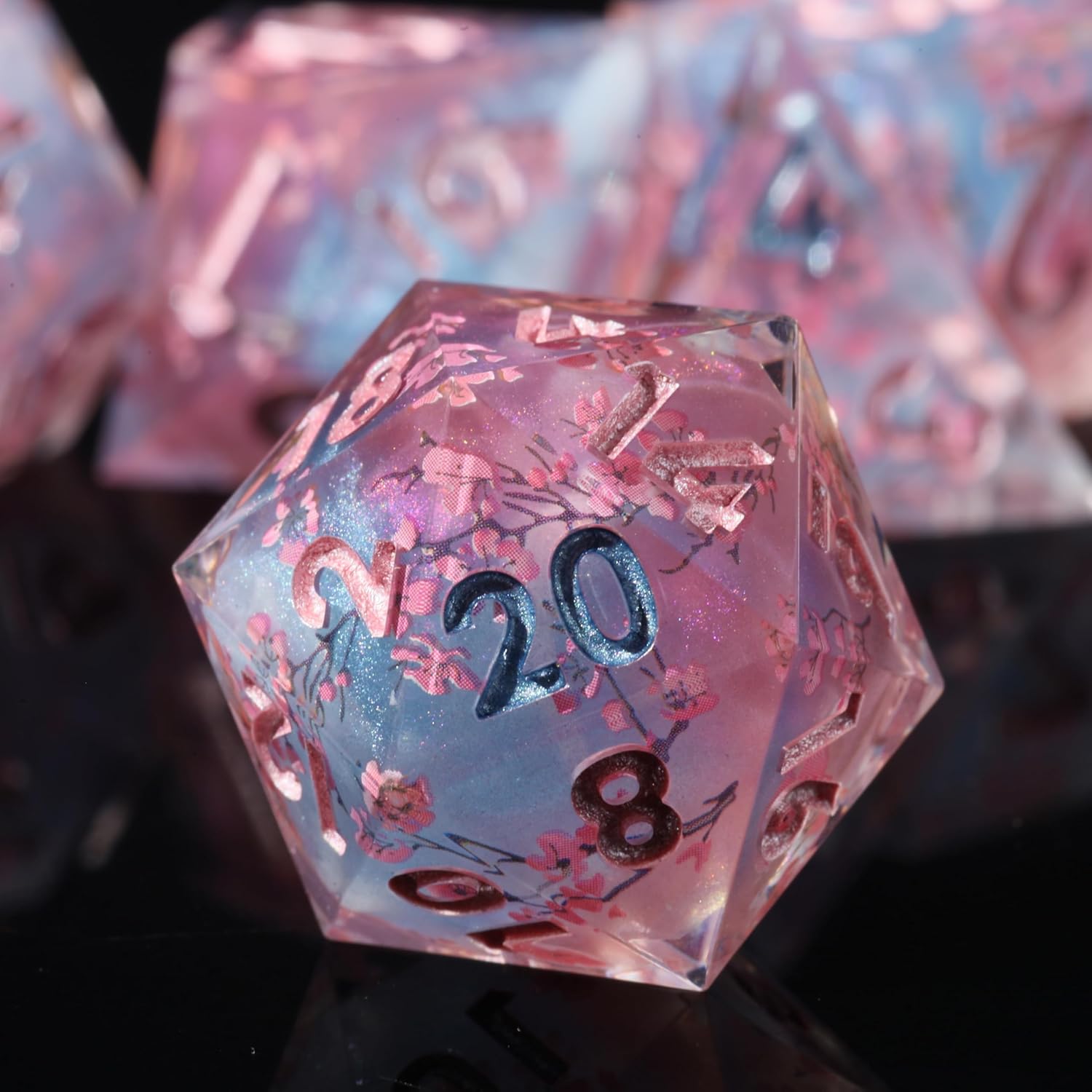 Mini Planet D&D Sharp Edge Polyhedral Liquid Core Cherry Blossom Dungeons and Dragons 7 Pcs Handmade Dice Set