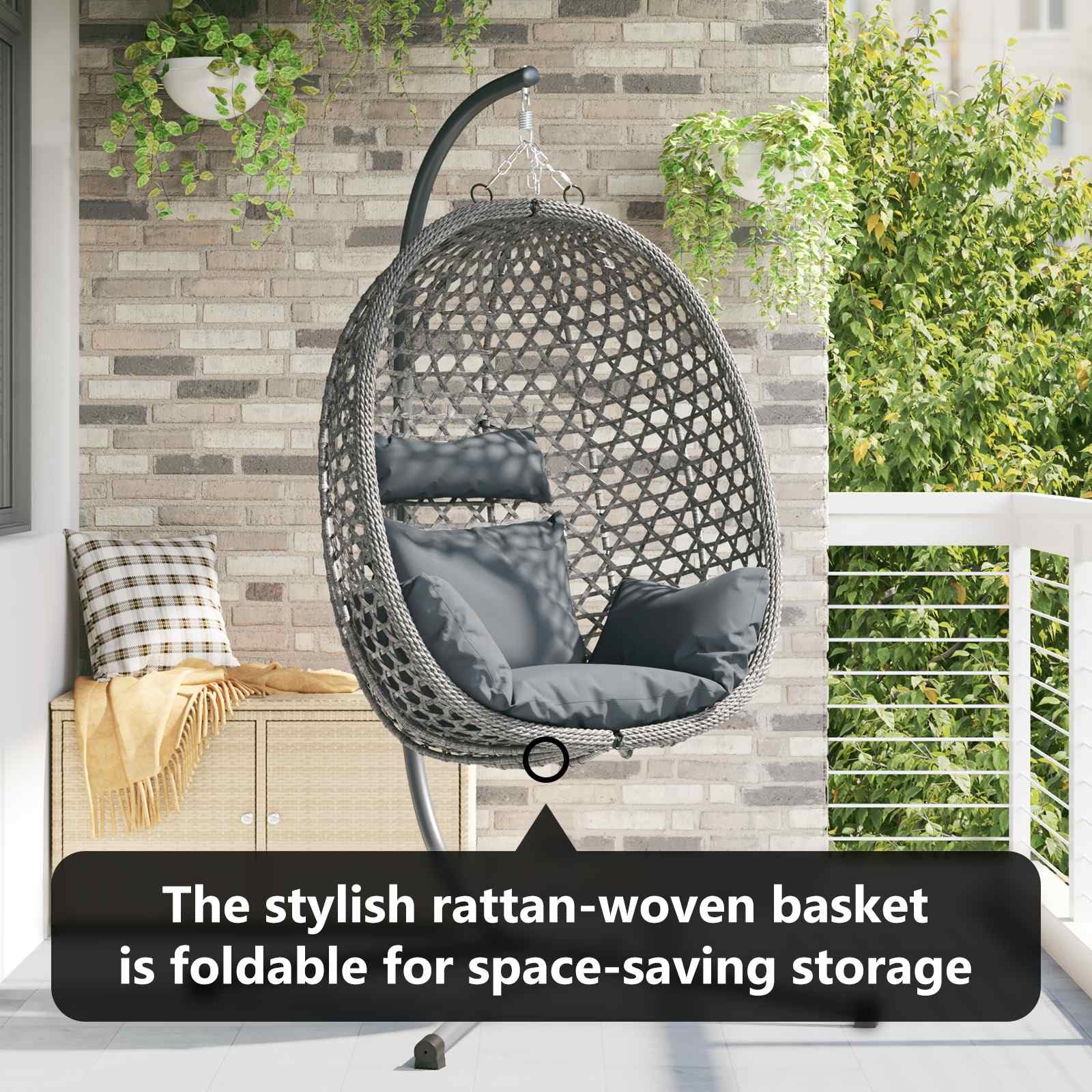 vidaXL Wiszące krzesło jajo antracytowy i szary 104 x 100 x 191 cm, Nowoczesne Ergonomiczne Krzesło Jajko, Składany Leżak na Patio, Huśtawka, Wytrzymałe Meble z Rattanu
