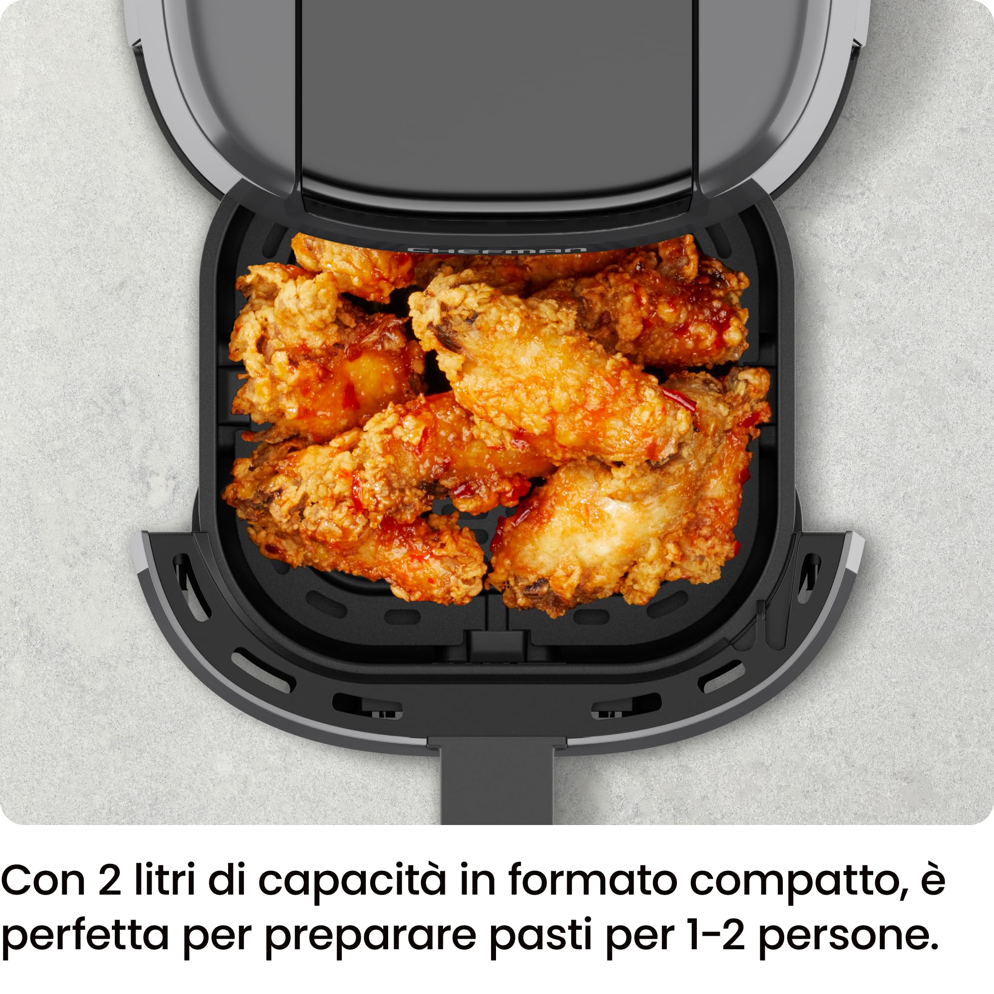 Chefman Mini Friggitrice ad Aria 2L Digitale, Cestino Antiaderente | Compatta, lavabile in lavastoviglie, frittura ad aria, Grigio